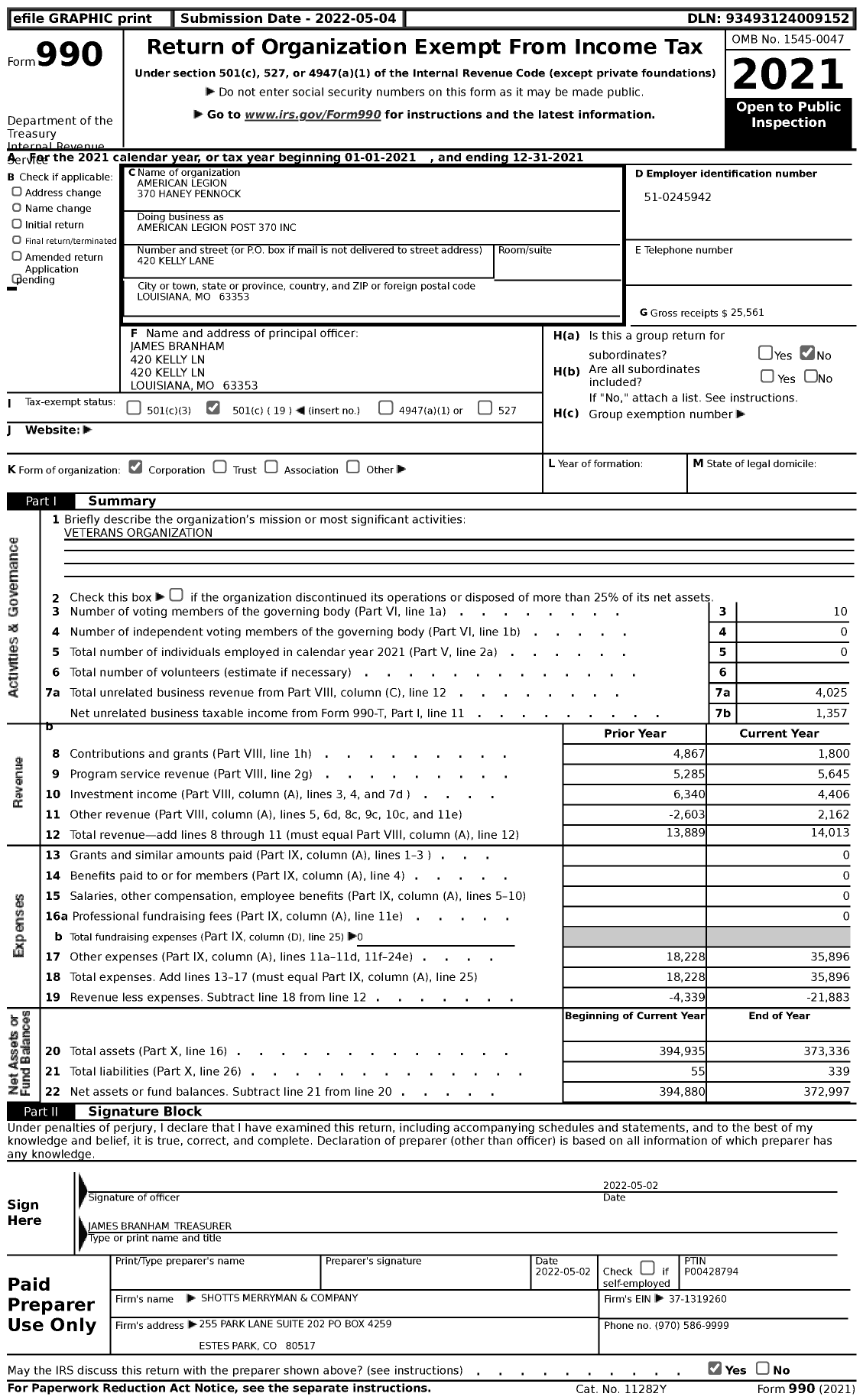 Image of first page of 2021 Form 990 for American Legion - American Legion Post 370