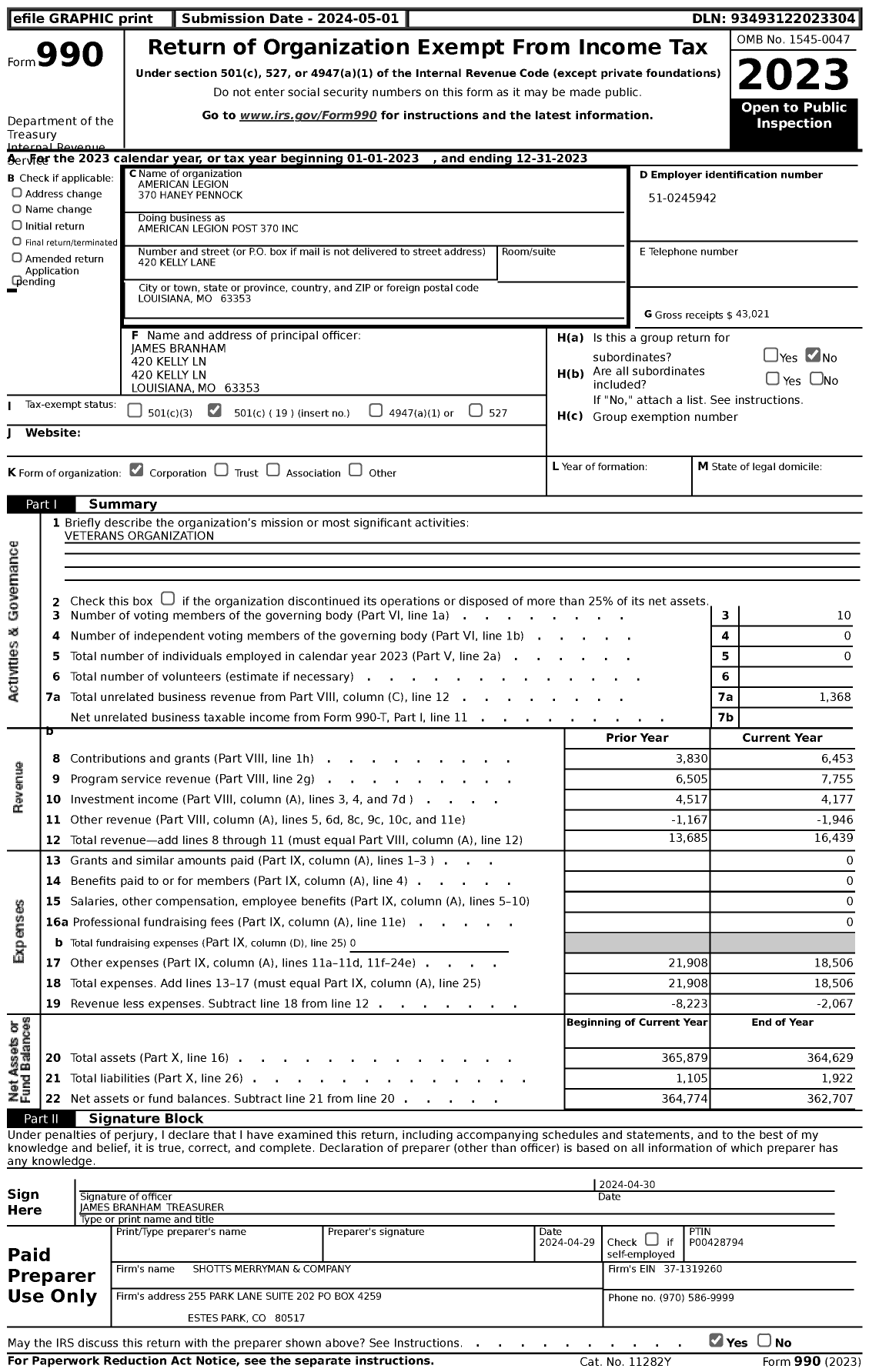 Image of first page of 2023 Form 990 for American Legion - American Legion Post 370