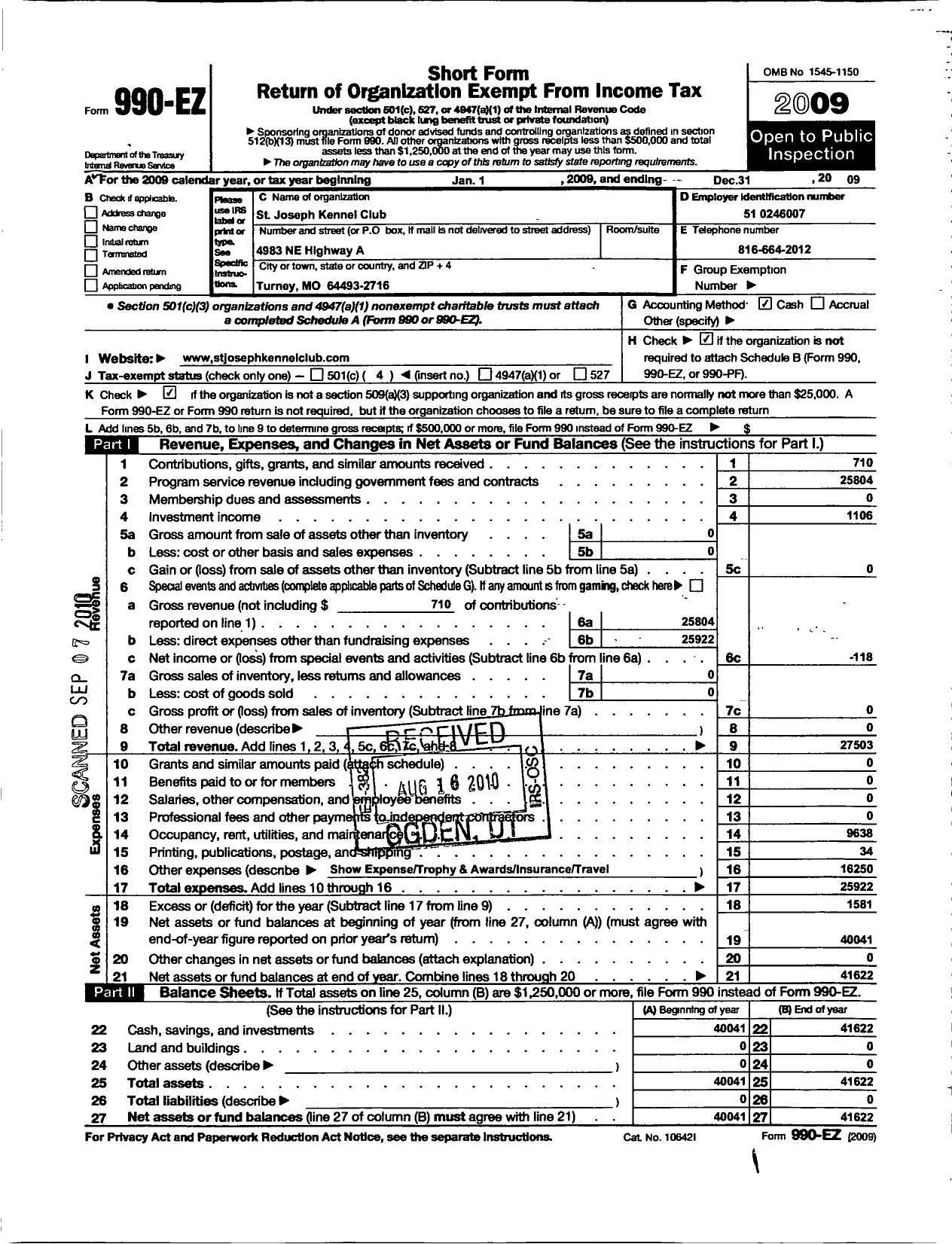 Image of first page of 2009 Form 990EO for St Joseph Kennel Club