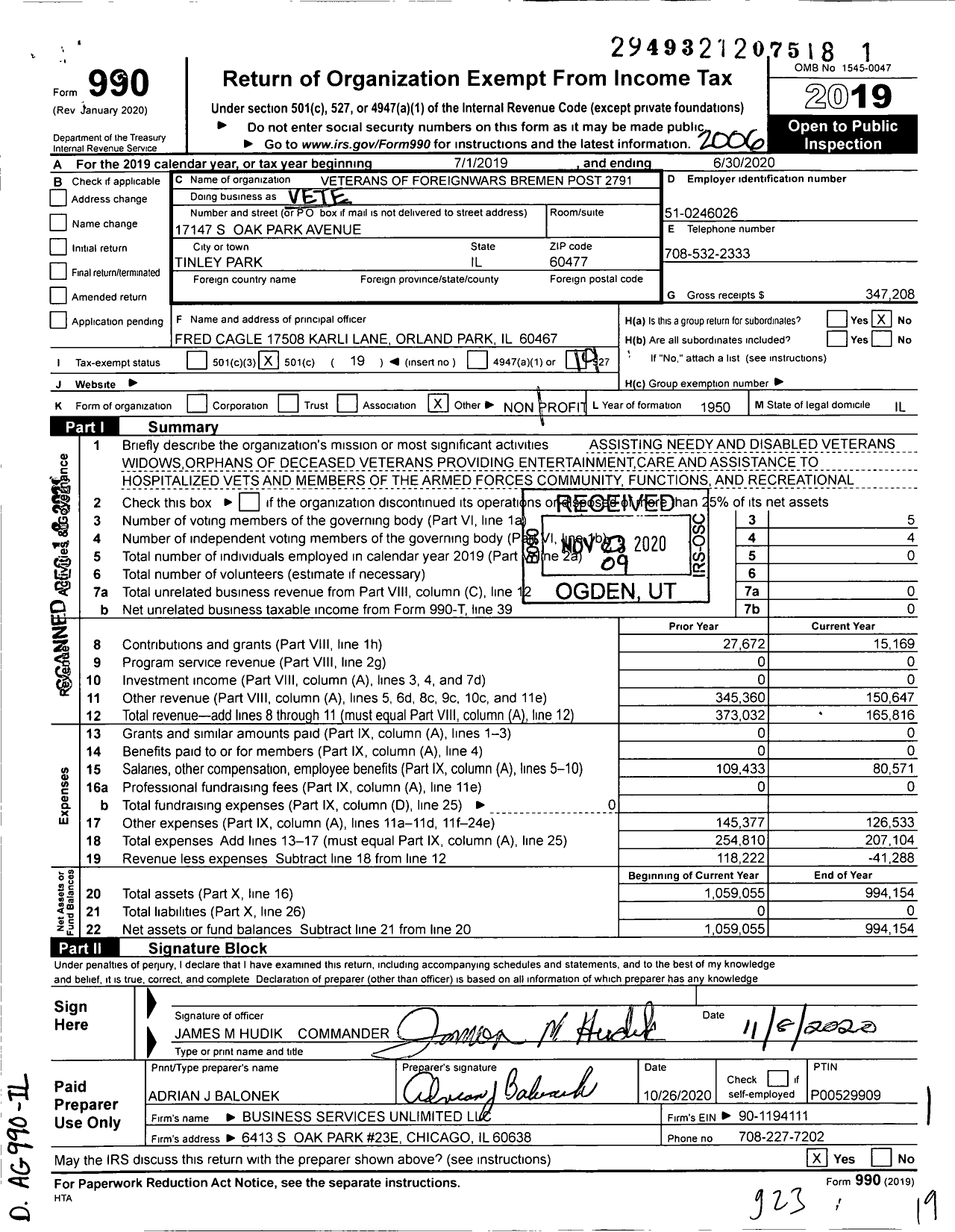 Image of first page of 2019 Form 990O for VFW Dept of Illinois - 2791 Bremen Post