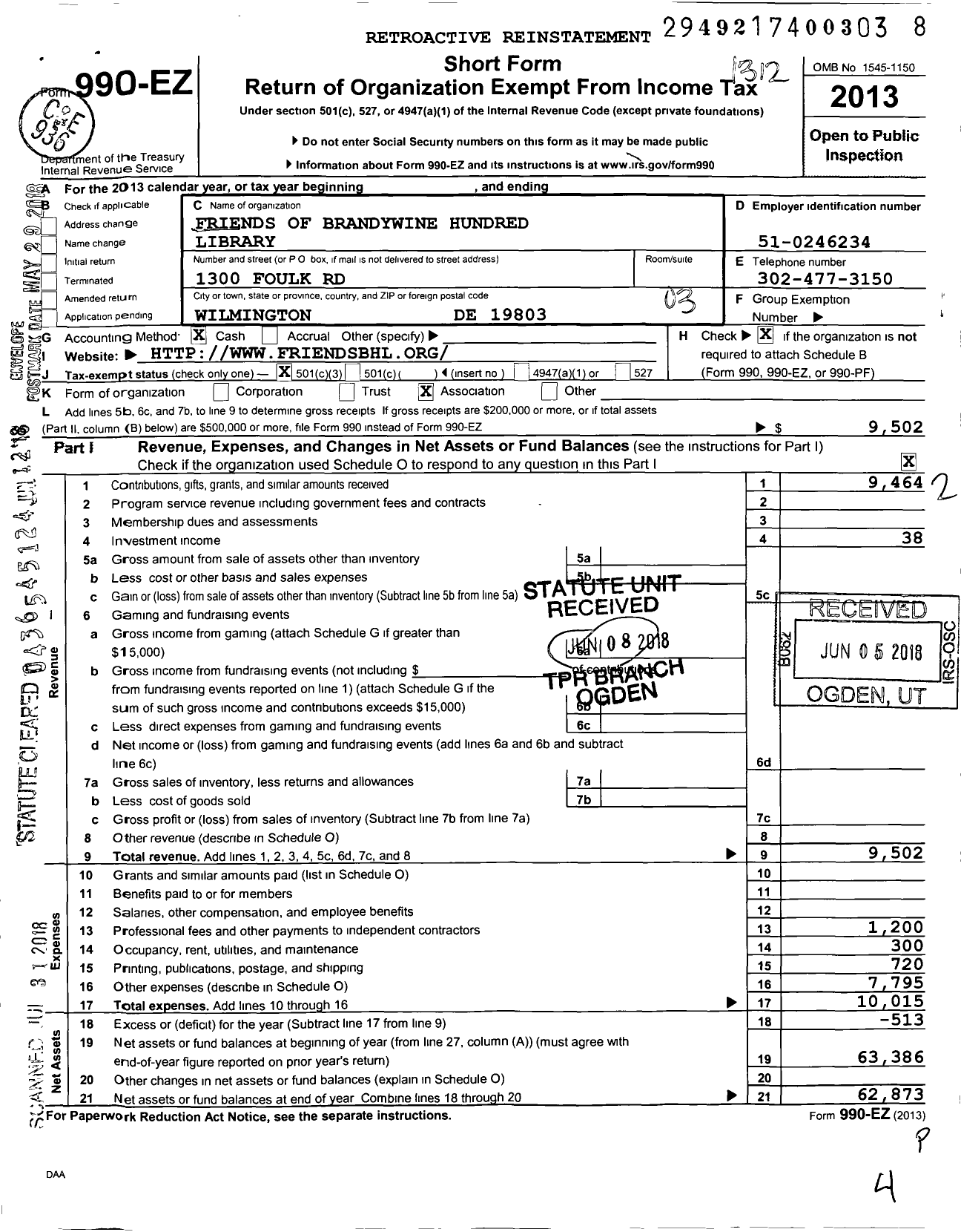 Image of first page of 2013 Form 990EZ for Friends of Brandywine Hundred Library