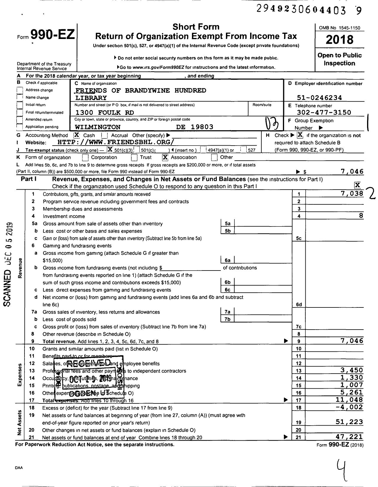 Image of first page of 2018 Form 990EZ for Friends of Brandywine Hundred Library