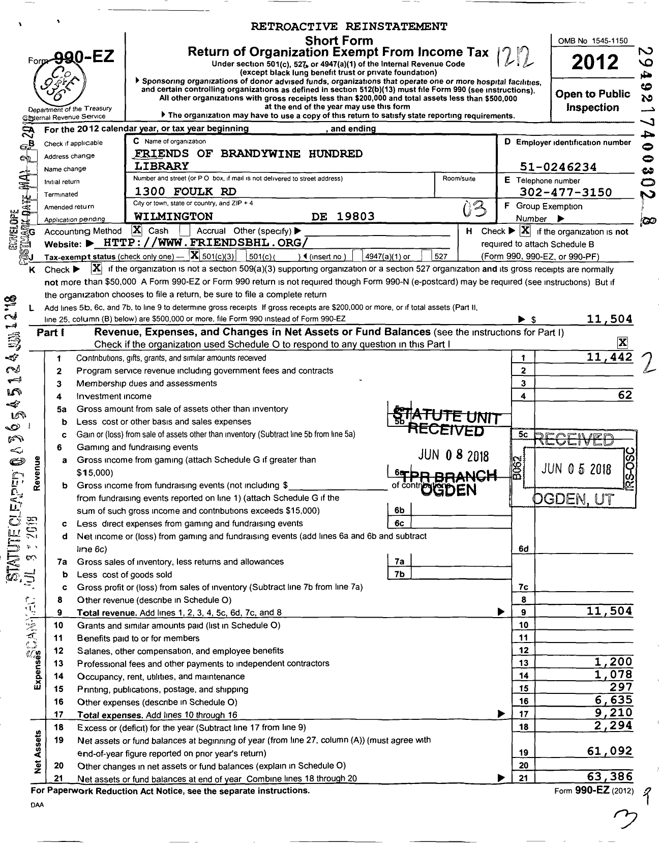 Image of first page of 2012 Form 990EZ for Friends of Brandywine Hundred Library