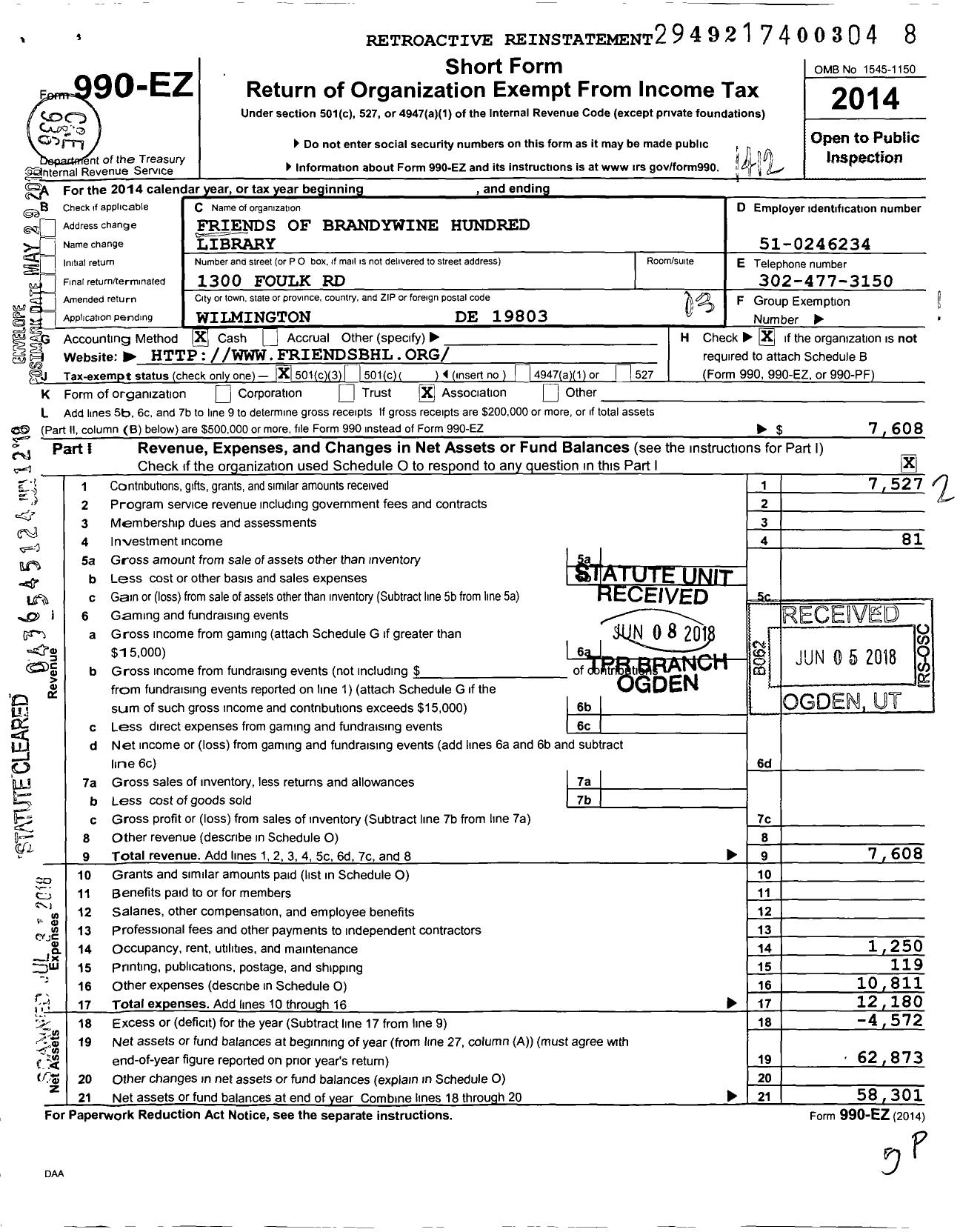 Image of first page of 2014 Form 990EZ for Friends of Brandywine Hundred Library