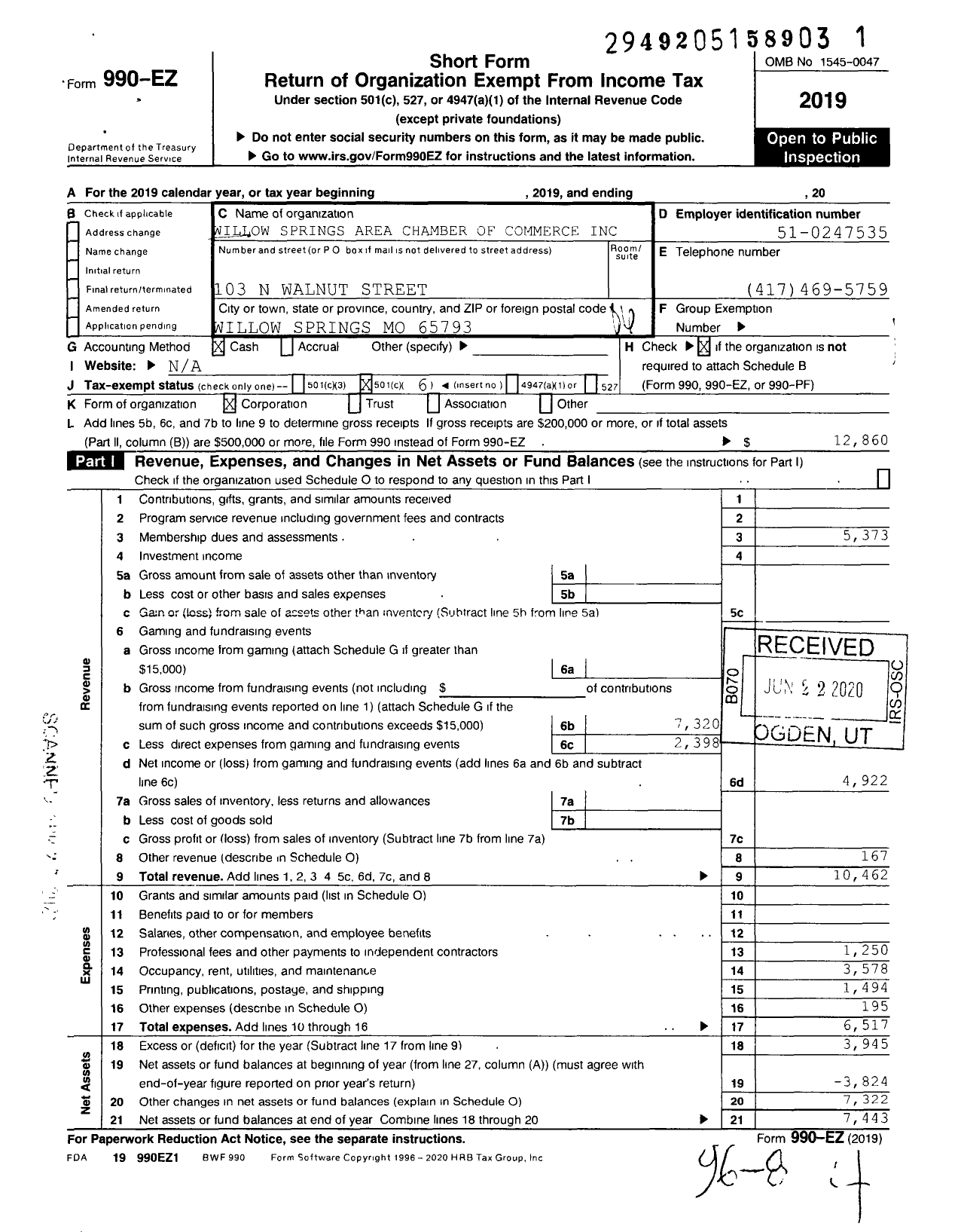 Image of first page of 2019 Form 990EO for Willow Springs Chamber of Commerce