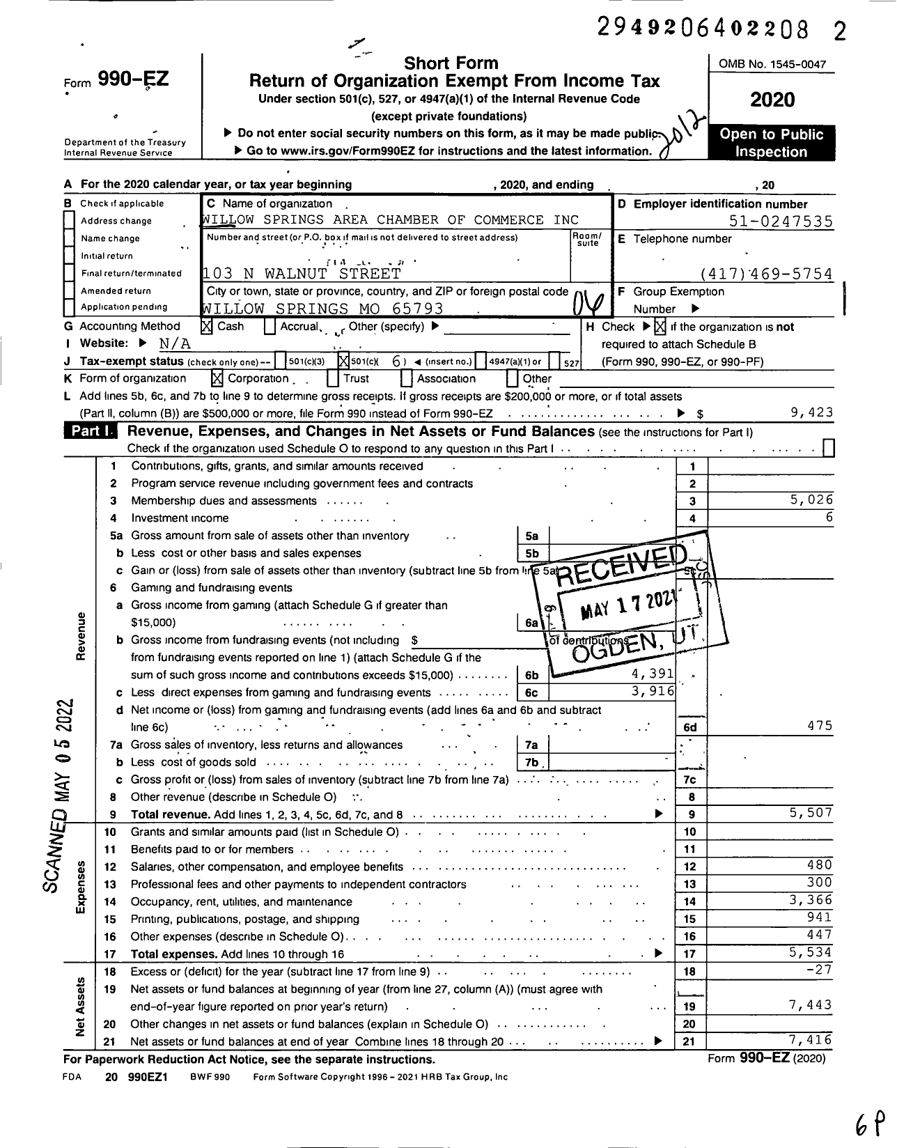 Image of first page of 2020 Form 990EO for Willow Springs Chamber of Commerce