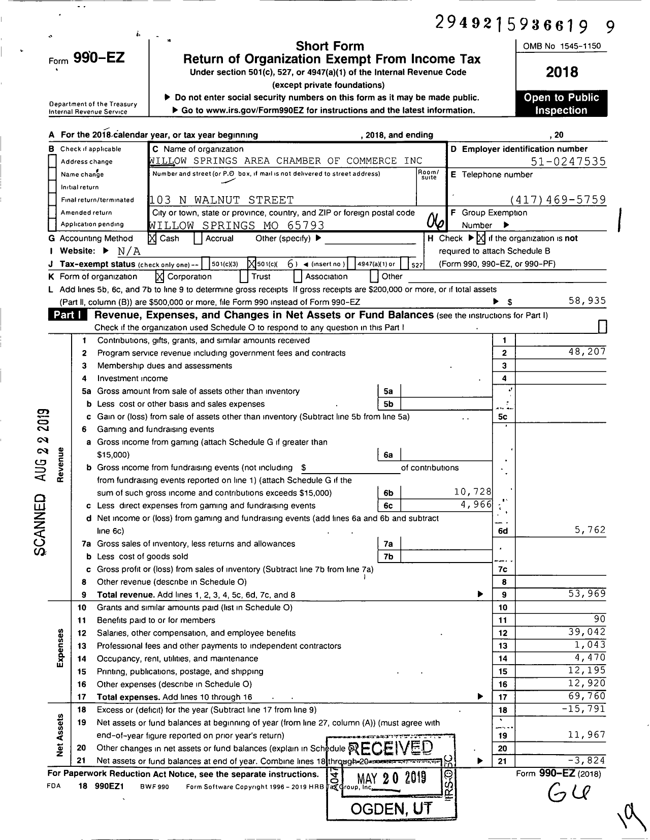 Image of first page of 2018 Form 990EO for Willow Springs Chamber of Commerce