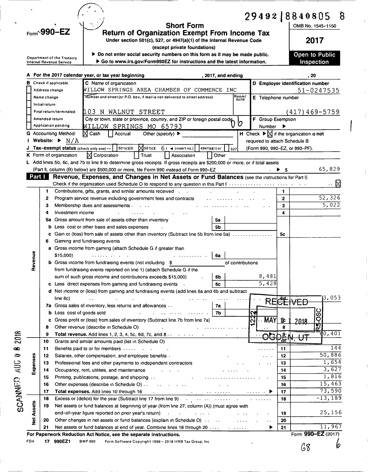 Image of first page of 2017 Form 990EO for Willow Springs Chamber of Commerce