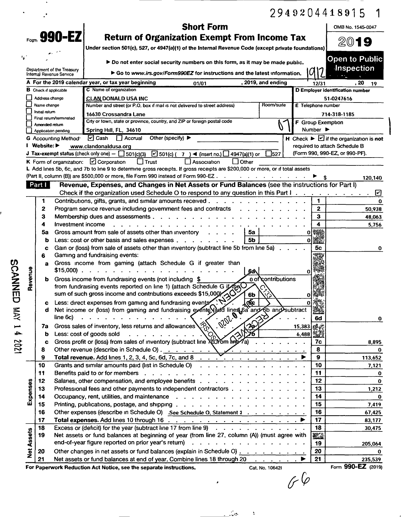 Image of first page of 2019 Form 990EO for Clan Donald USA