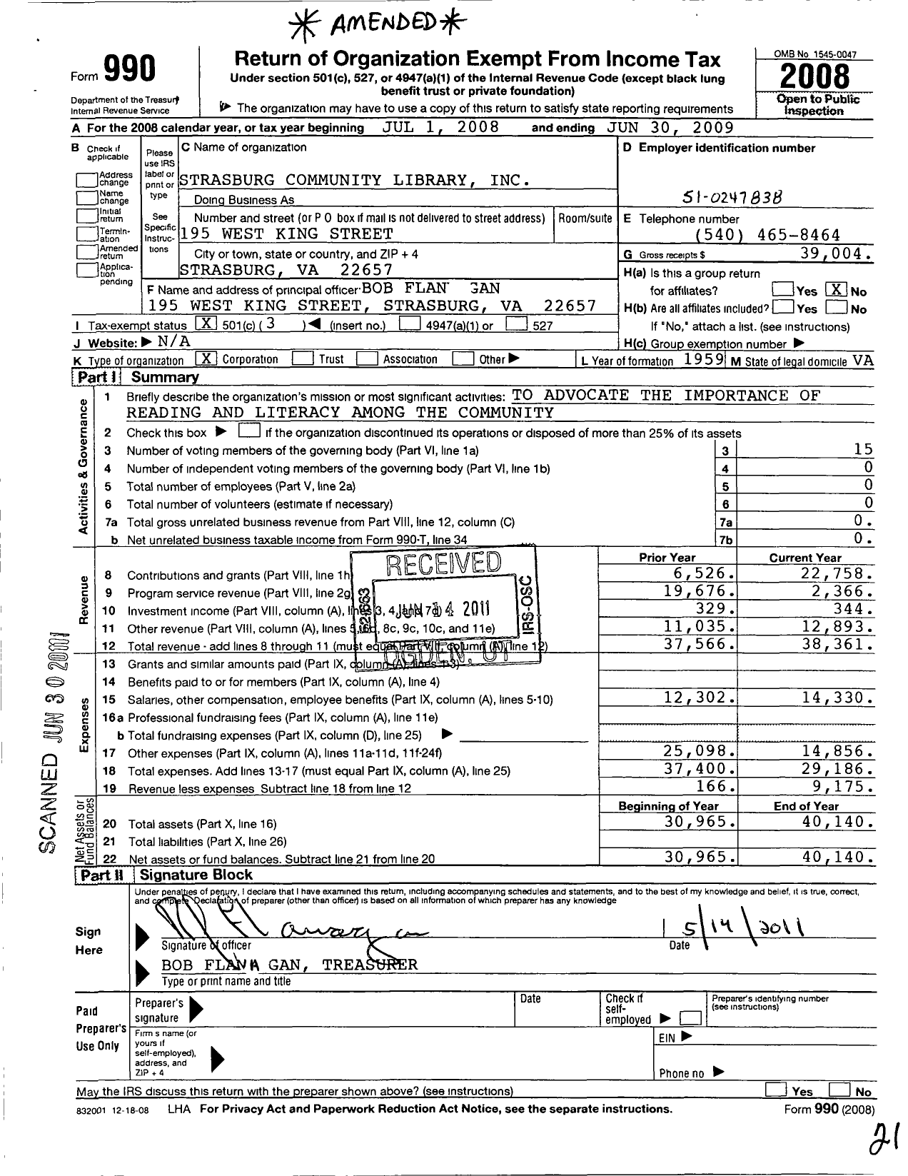 Image of first page of 2008 Form 990 for Strasburg Community Library