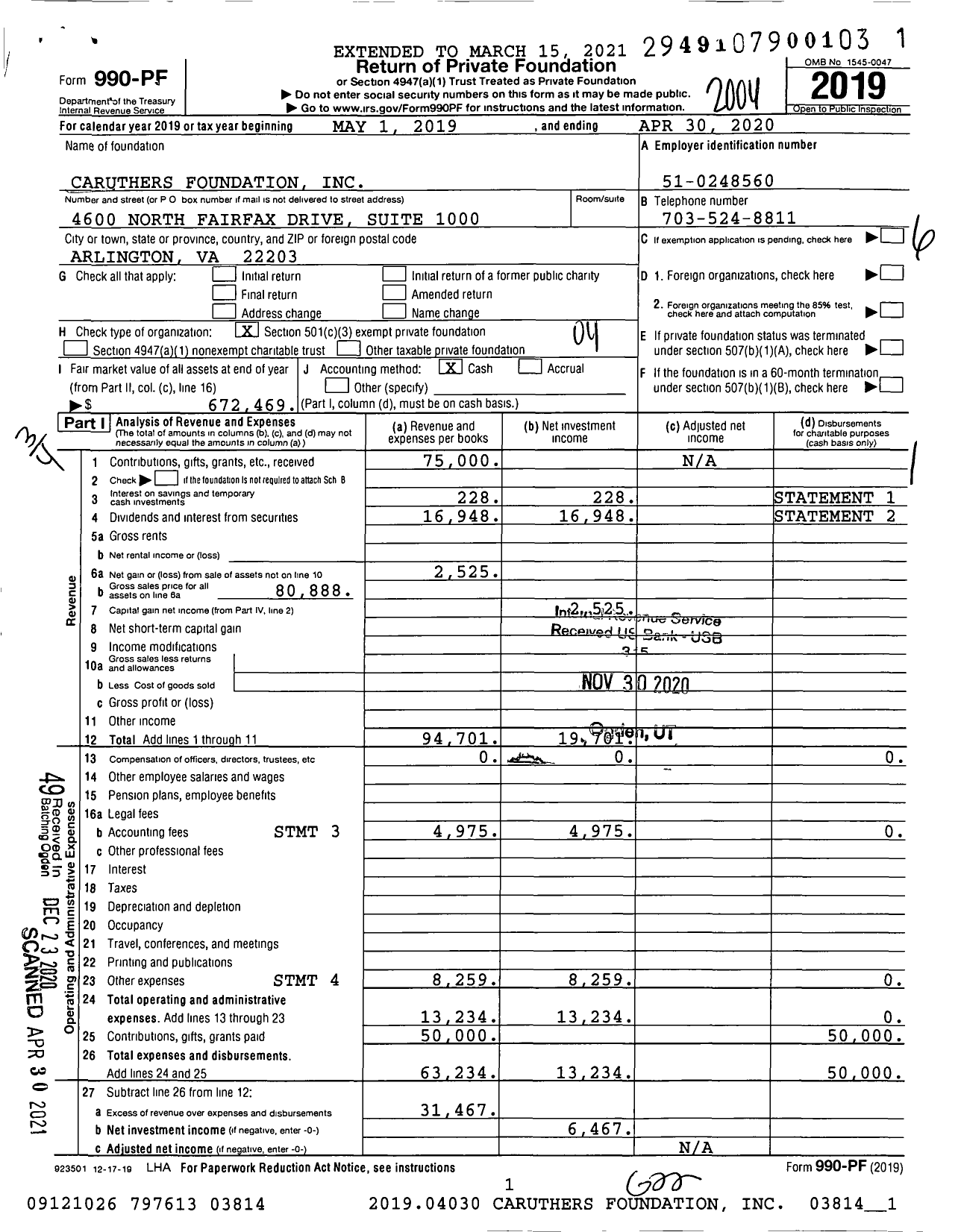 Image of first page of 2019 Form 990PF for Caruthers Foundation