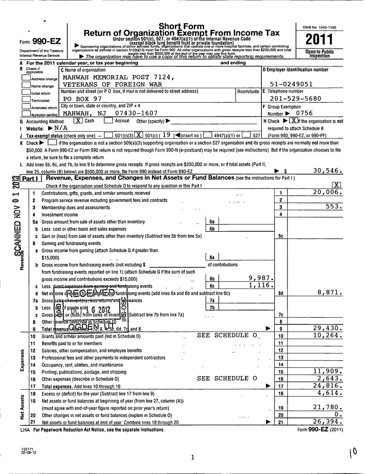 Image of first page of 2011 Form 990EO for Department of New Jersey VFW - 7124 Mahwah Memorial Post