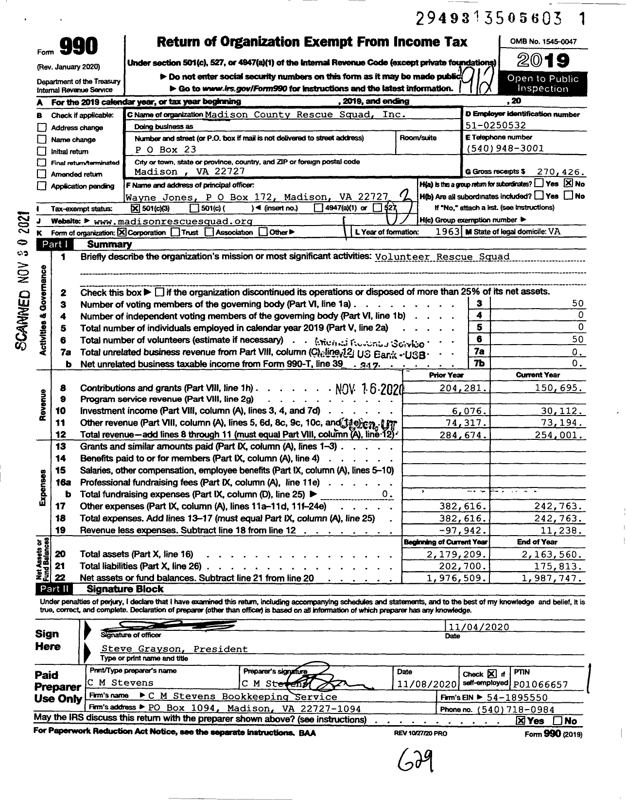 Image of first page of 2019 Form 990 for Madison County Rescue Squad / NC01700 Triad Now