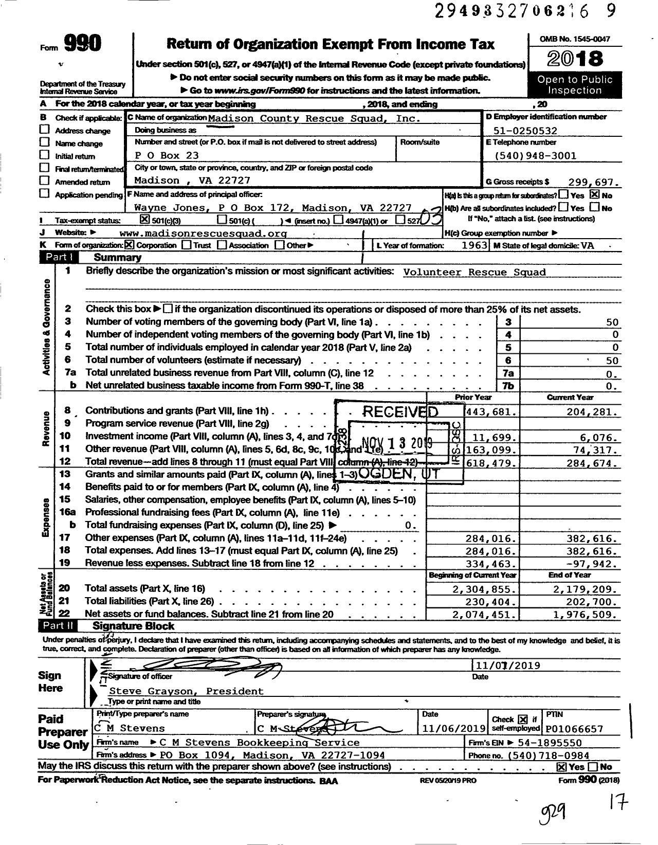 Image of first page of 2018 Form 990 for Madison County Rescue Squad / NC01700 Triad Now