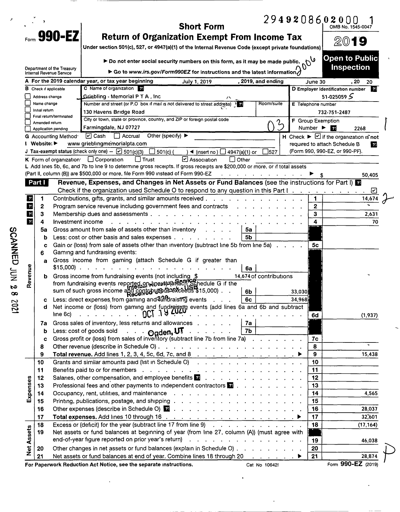 Image of first page of 2019 Form 990EZ for New Jersey PTA - 18847 Edith M GRIeBLING School PTA