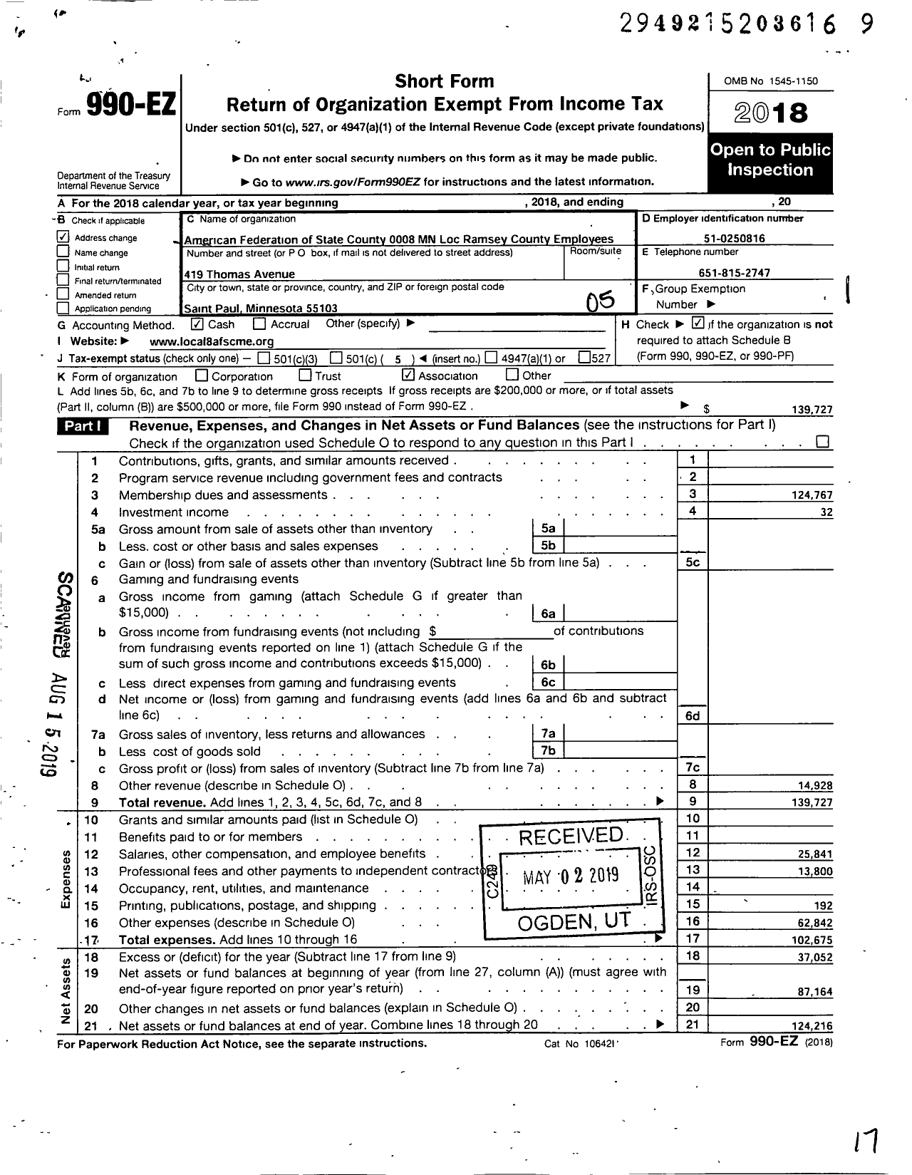 Image of first page of 2018 Form 990EO for American Federation of State County & Municipal Employees - AFSCME Local 8 Ramsey County Minnesota