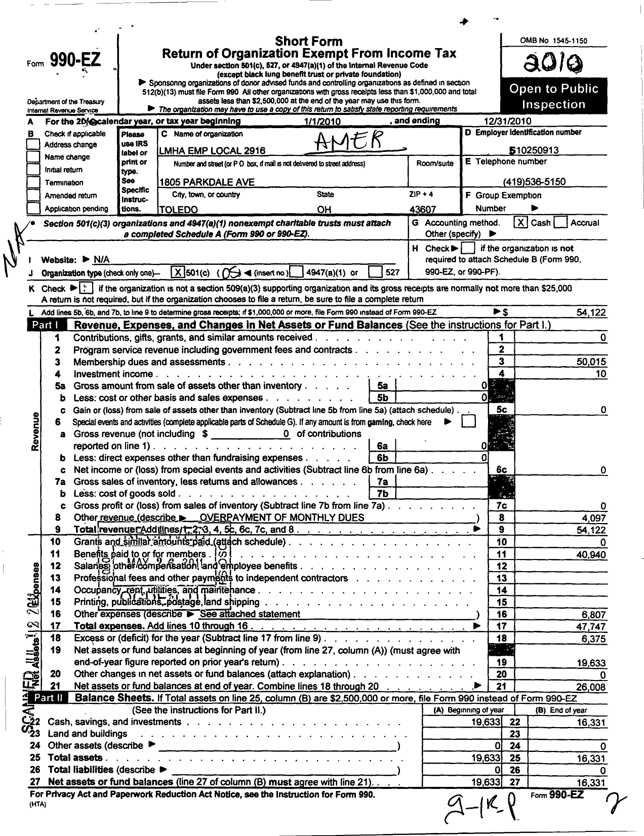 Image of first page of 2010 Form 990EO for American Federation of State County & Municipal Employees - L2916oh Lucas Metro Housing Auth Em