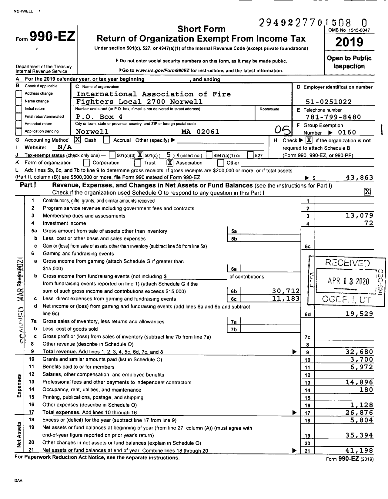 Image of first page of 2019 Form 990EO for International Association of Fire Fighters Local 2700 Norwell