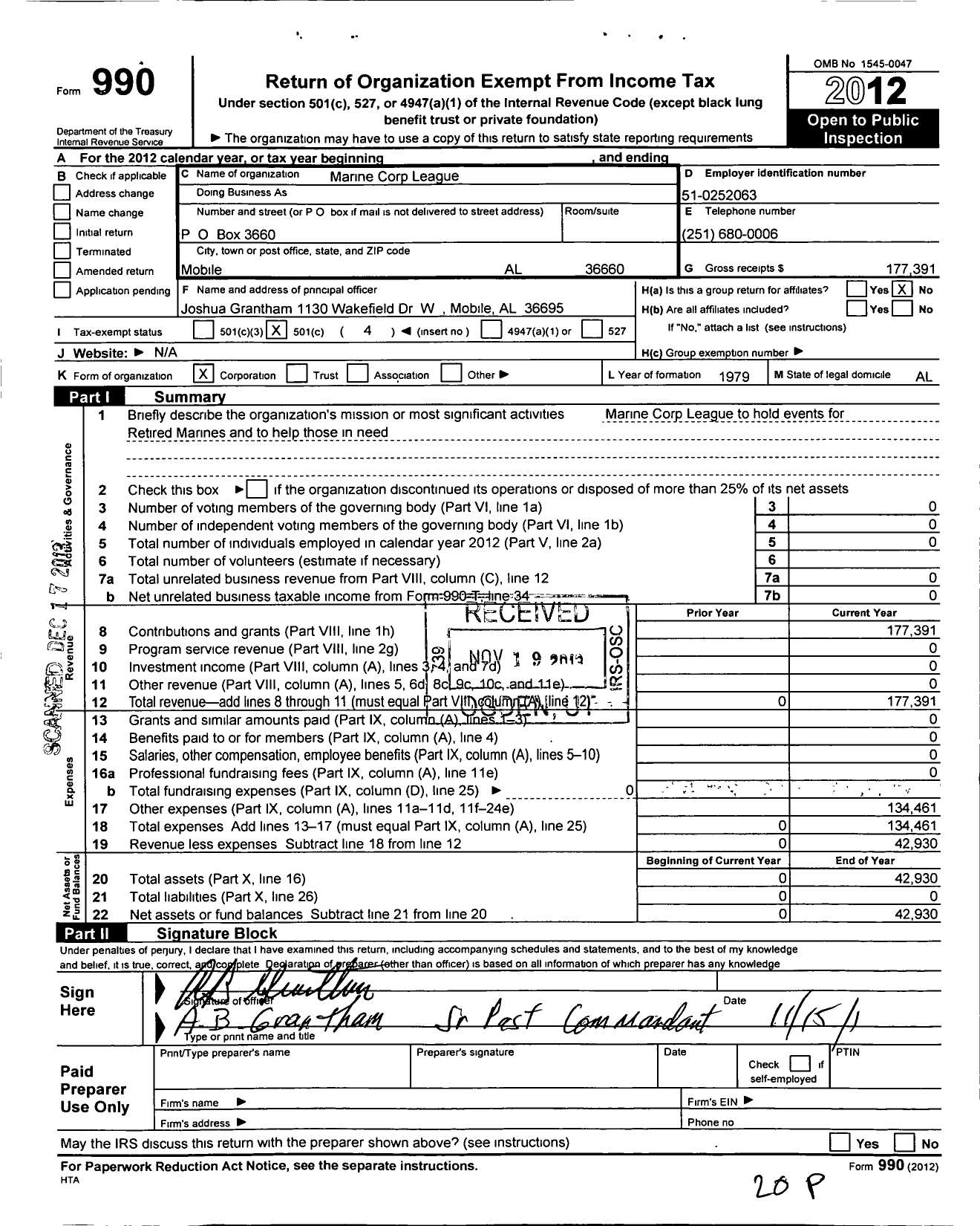 Image of first page of 2012 Form 990O for Marine Corps League - 447 P L Wilson Detachment MCL