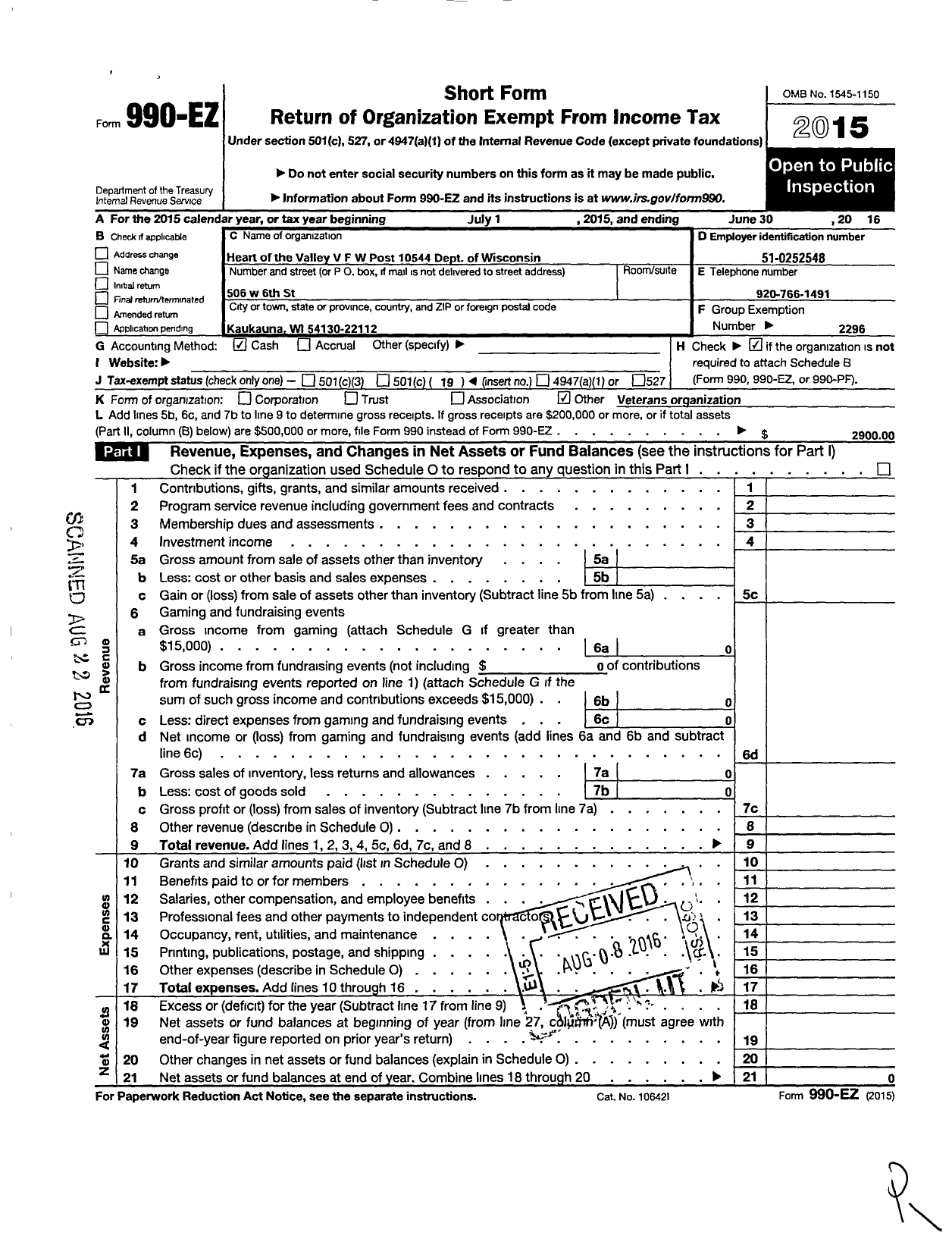 Image of first page of 2015 Form 990EO for VFW Wi - 10544 Heart of the Valley