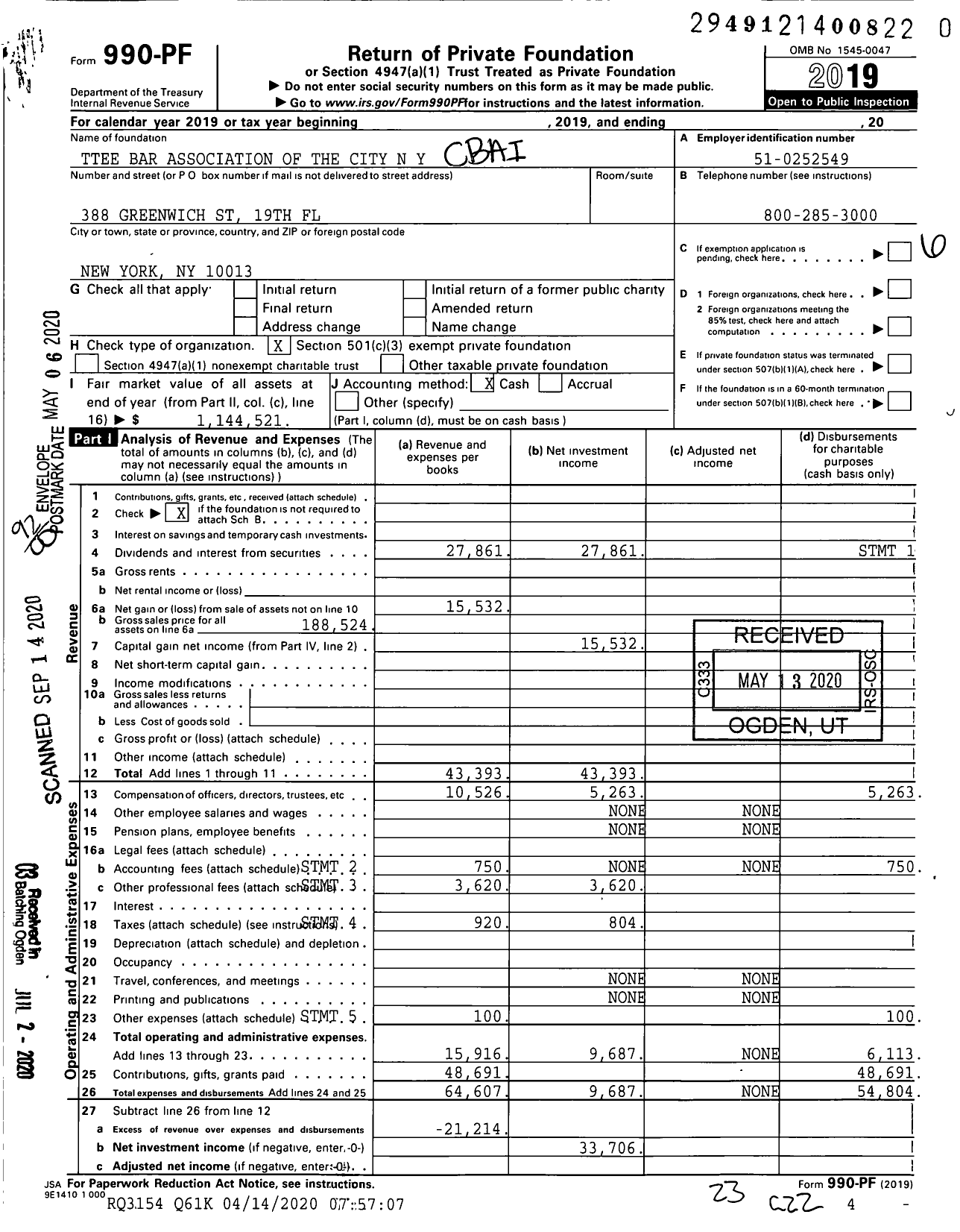 Image of first page of 2019 Form 990PR for Trustees Bar Association of the City N Y