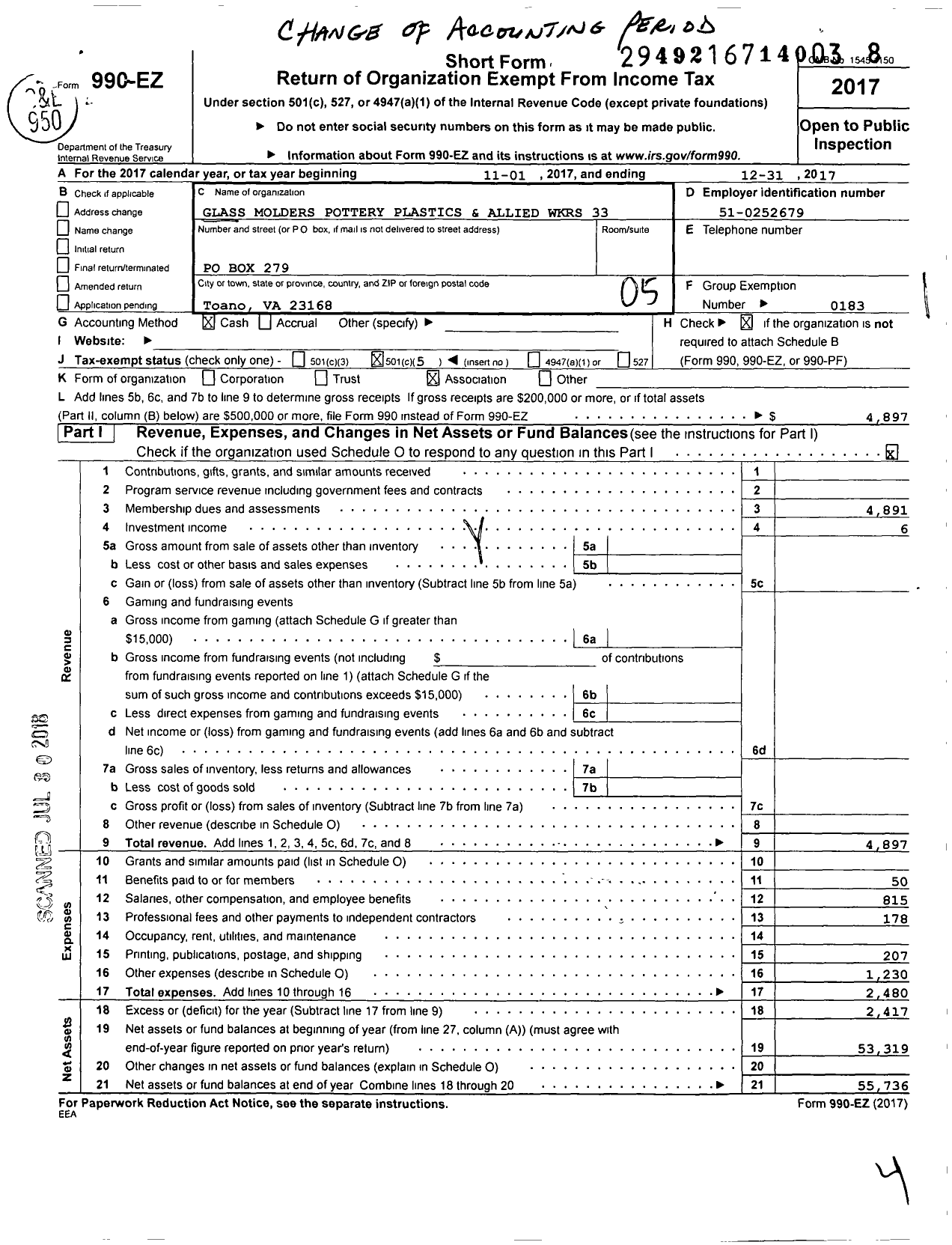 Image of first page of 2017 Form 990EO for United Steelworkers - 00033M Local