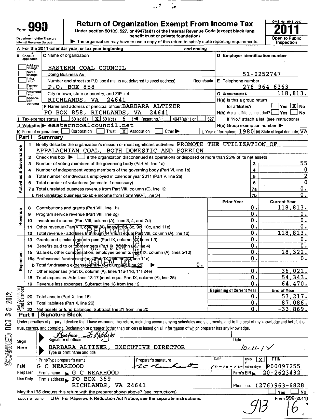 Image of first page of 2011 Form 990O for Eastern Coal Council