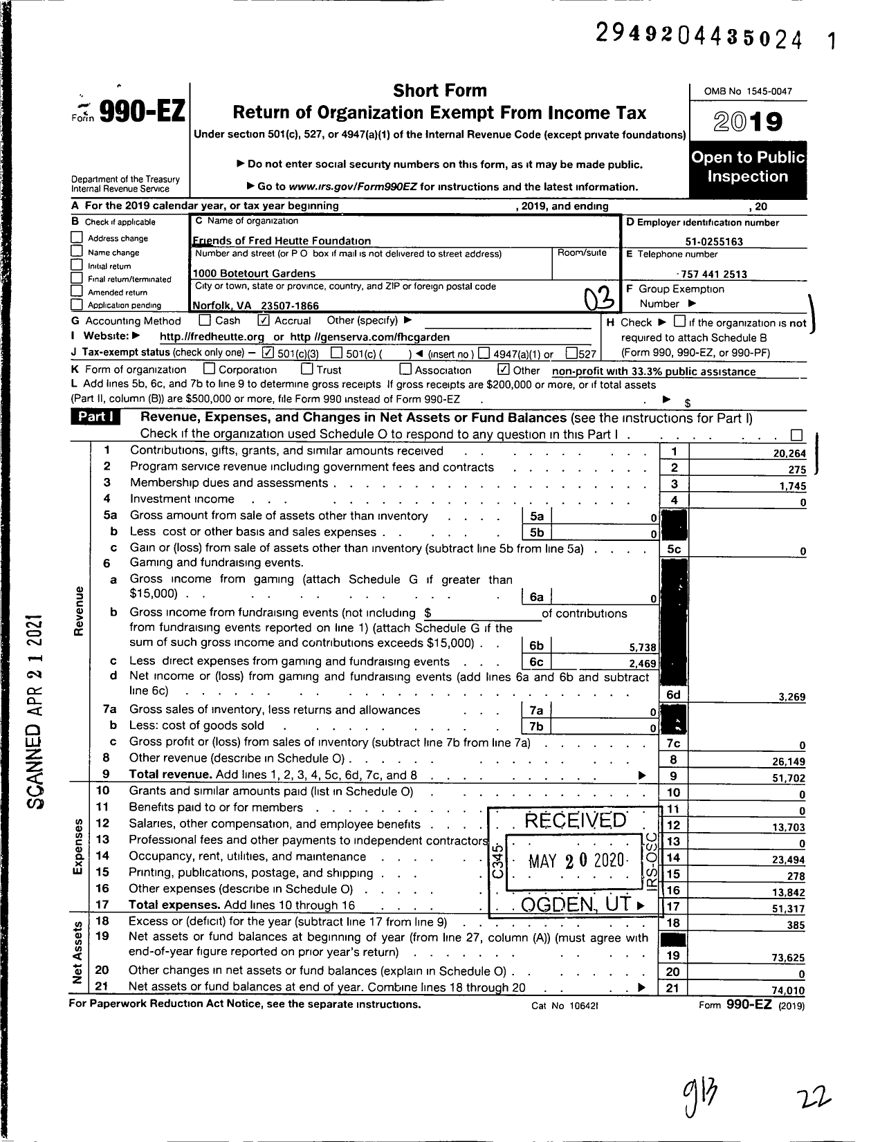 Image of first page of 2019 Form 990EZ for Friends of Fred Heutte Foundation