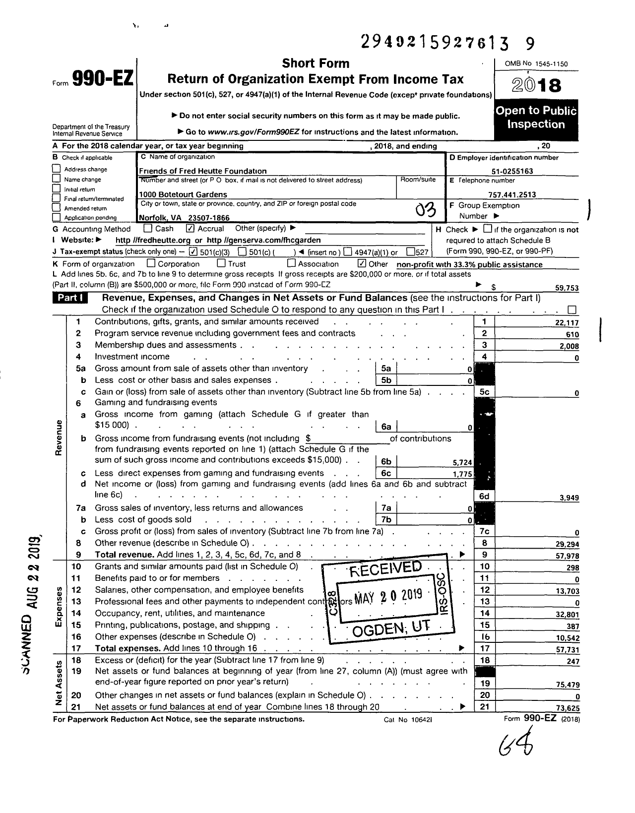 Image of first page of 2018 Form 990EZ for Friends of Fred Heutte Foundation