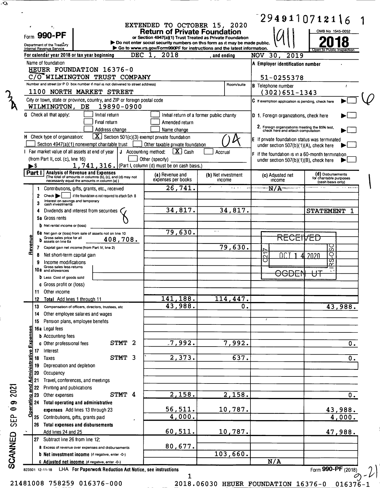 Image of first page of 2018 Form 990PF for Heuer Foundation 016376-000