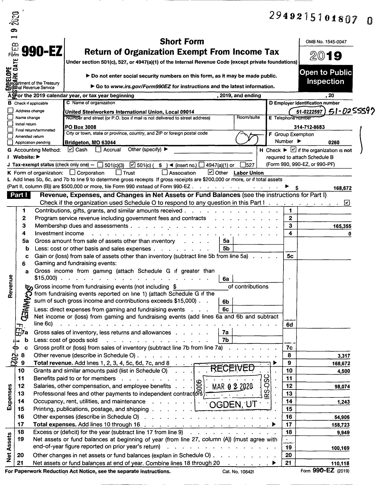 Image of first page of 2019 Form 990EO for United Steelworkers - USW Lu 9014