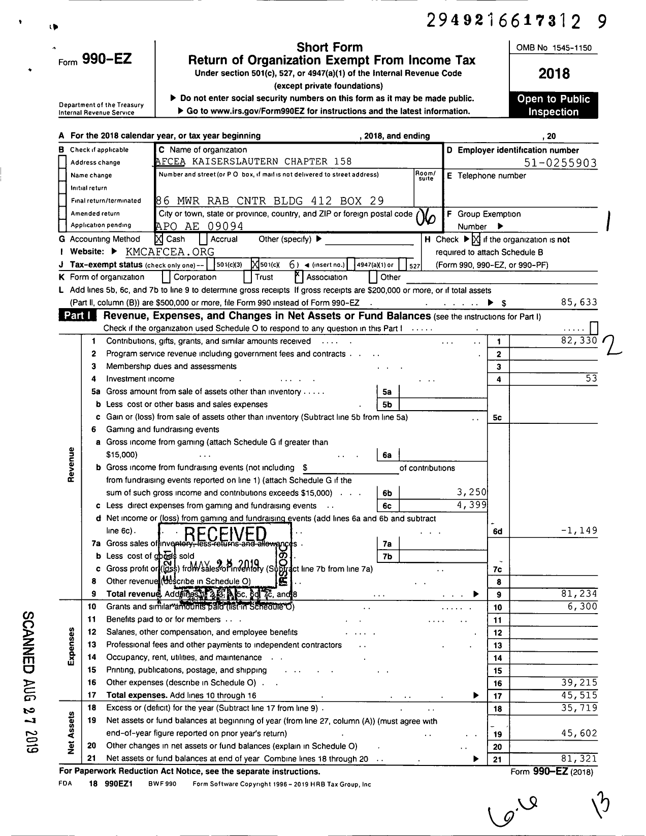 Image of first page of 2018 Form 990EO for Armed Forces Communications and Electronics Association / Kaiserslautern Chapter