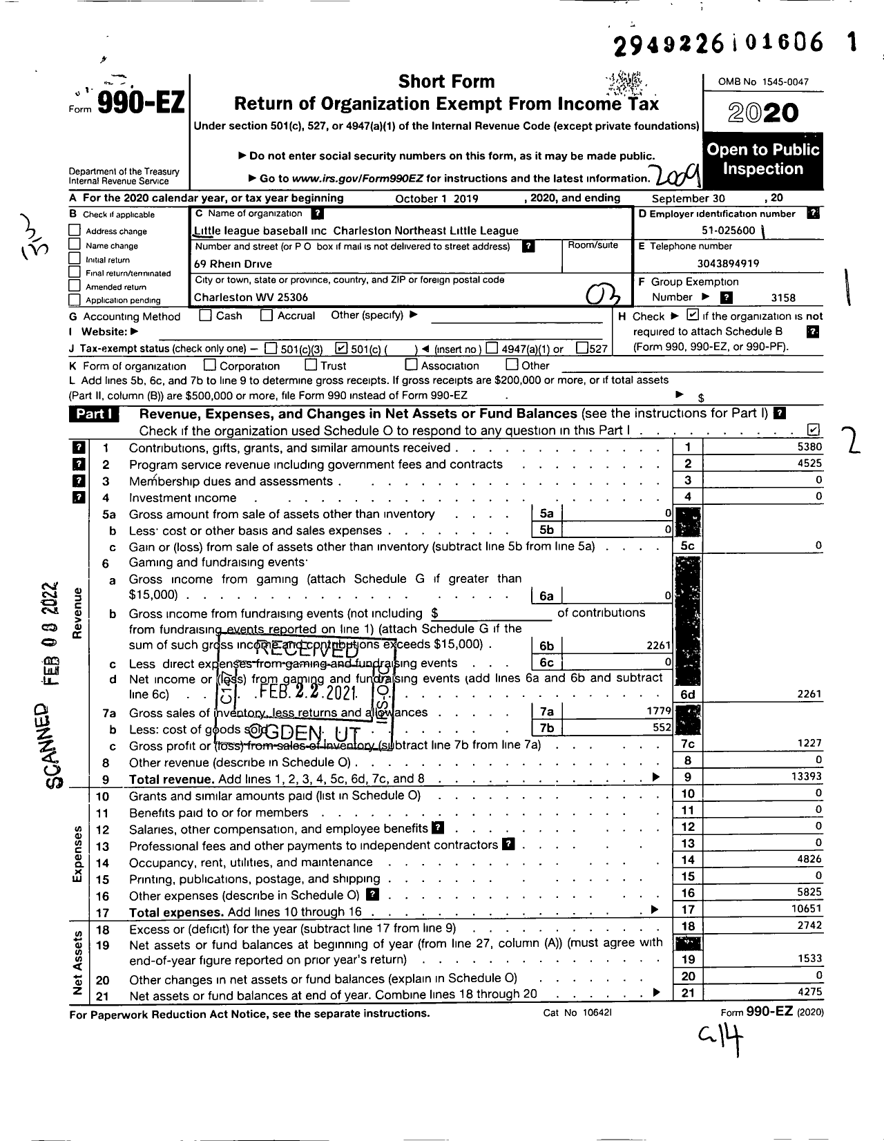 Image of first page of 2019 Form 990EZ for Little League Baseball - 3480304 Charleston Northeast LL