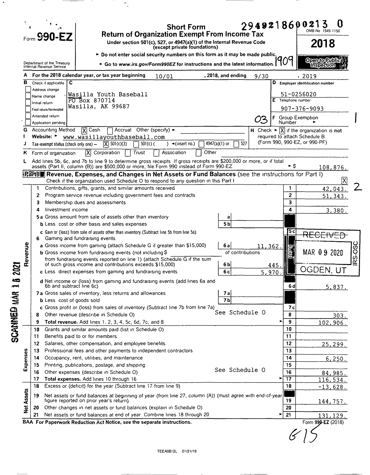 Image of first page of 2018 Form 990EZ for Wasilla Youth Baseball