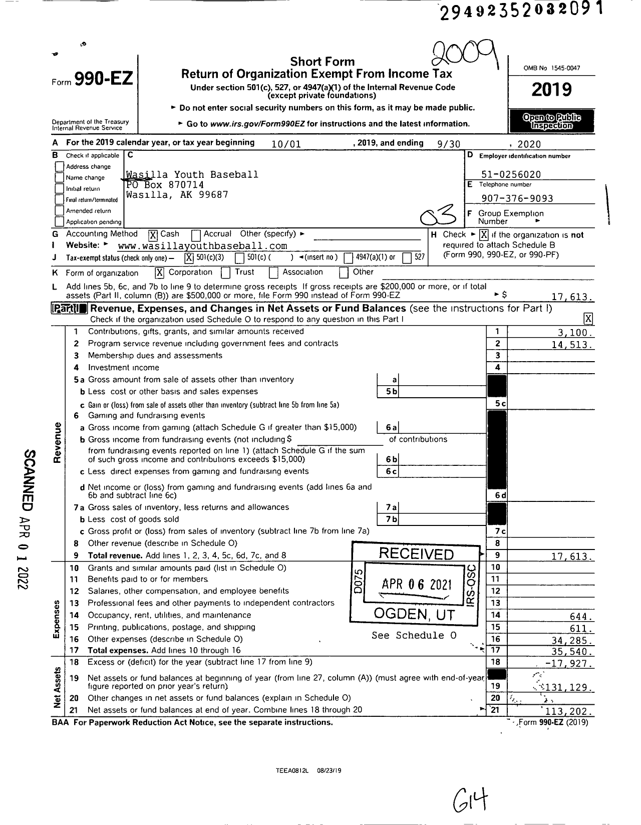 Image of first page of 2019 Form 990EZ for Wasilla Youth Baseball