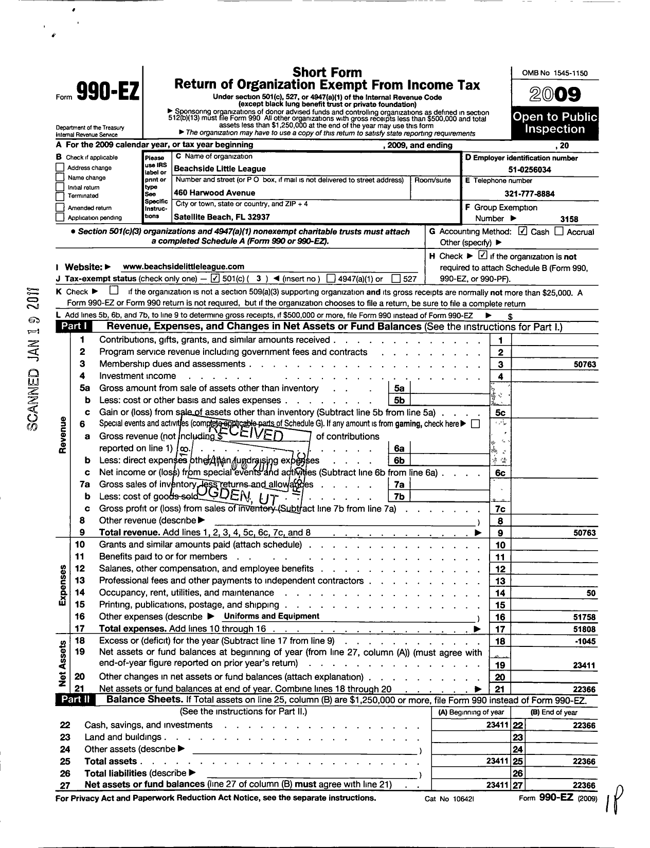 Image of first page of 2009 Form 990EZ for Little League Baseball