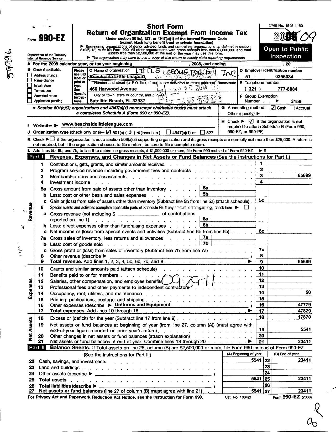 Image of first page of 2009 Form 990EZ for Little League Baseball