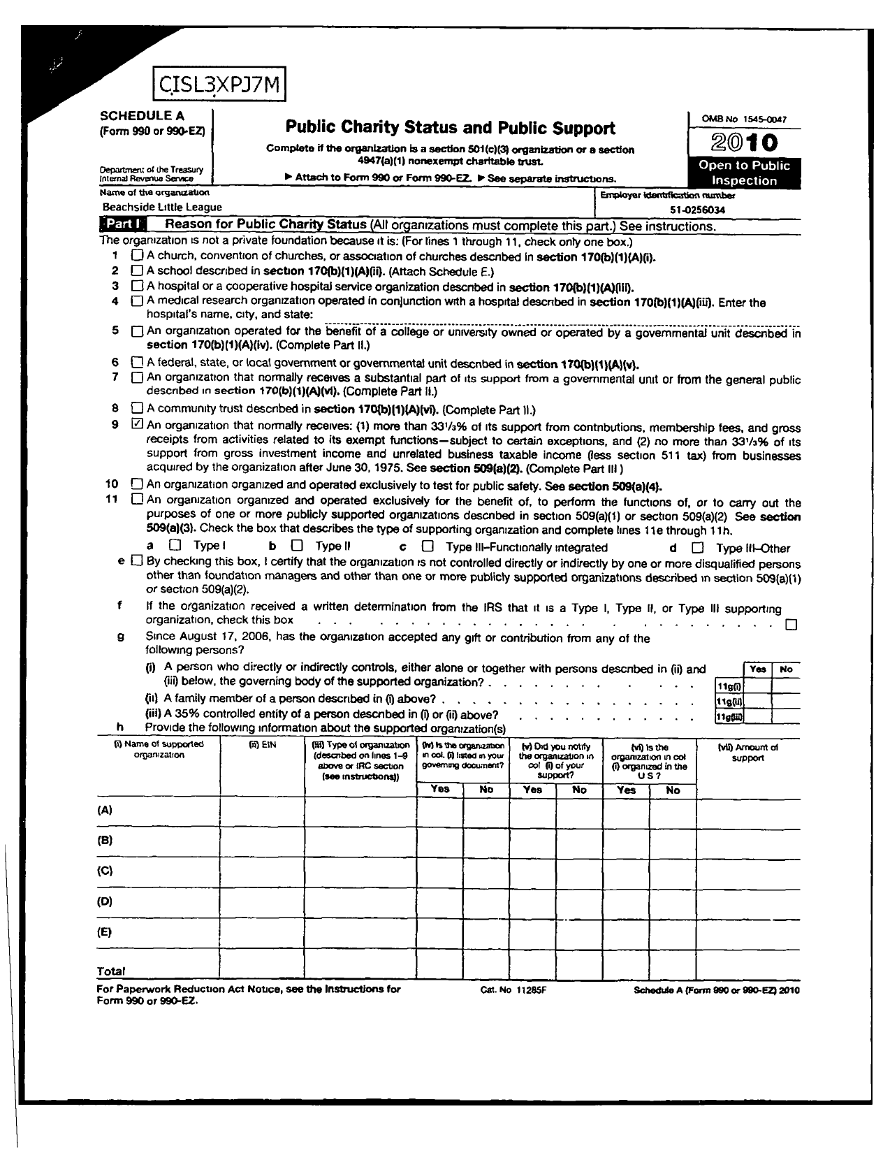 Image of first page of 2009 Form 990ER for Little League Baseball