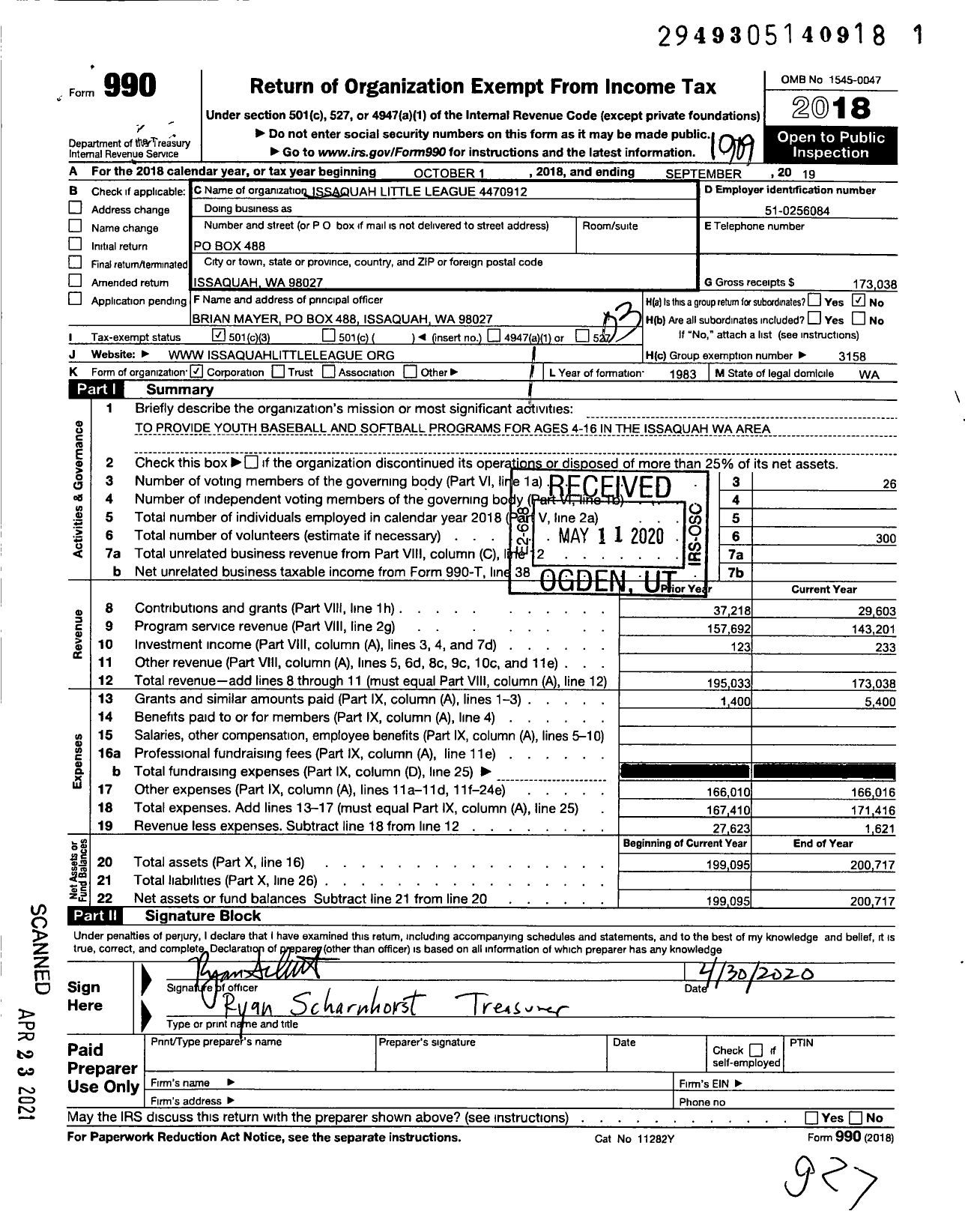 Image of first page of 2018 Form 990 for Little League Baseball - 4470912 Issaquah LL