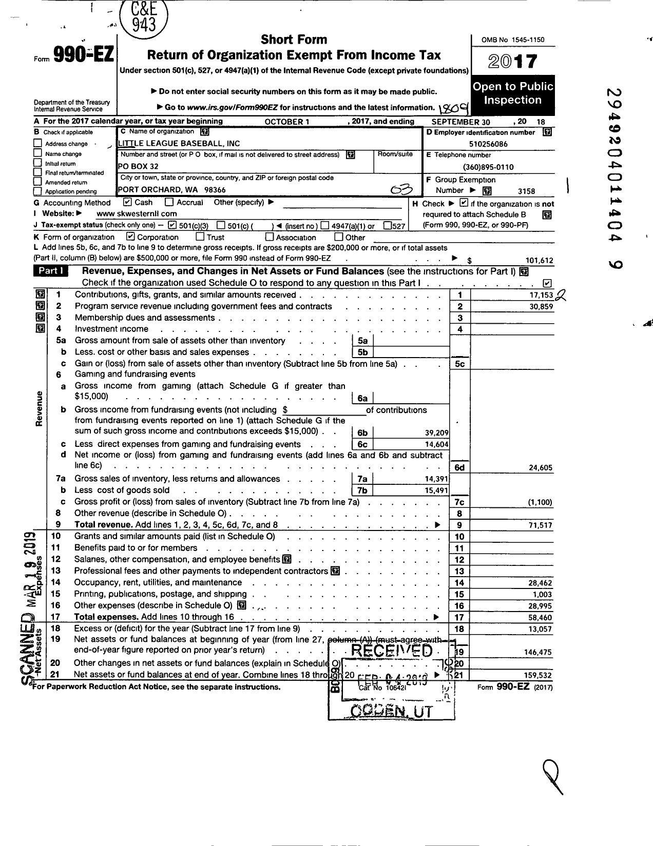 Image of first page of 2017 Form 990EZ for Little League Baseball - South Kitsap Western Little Le