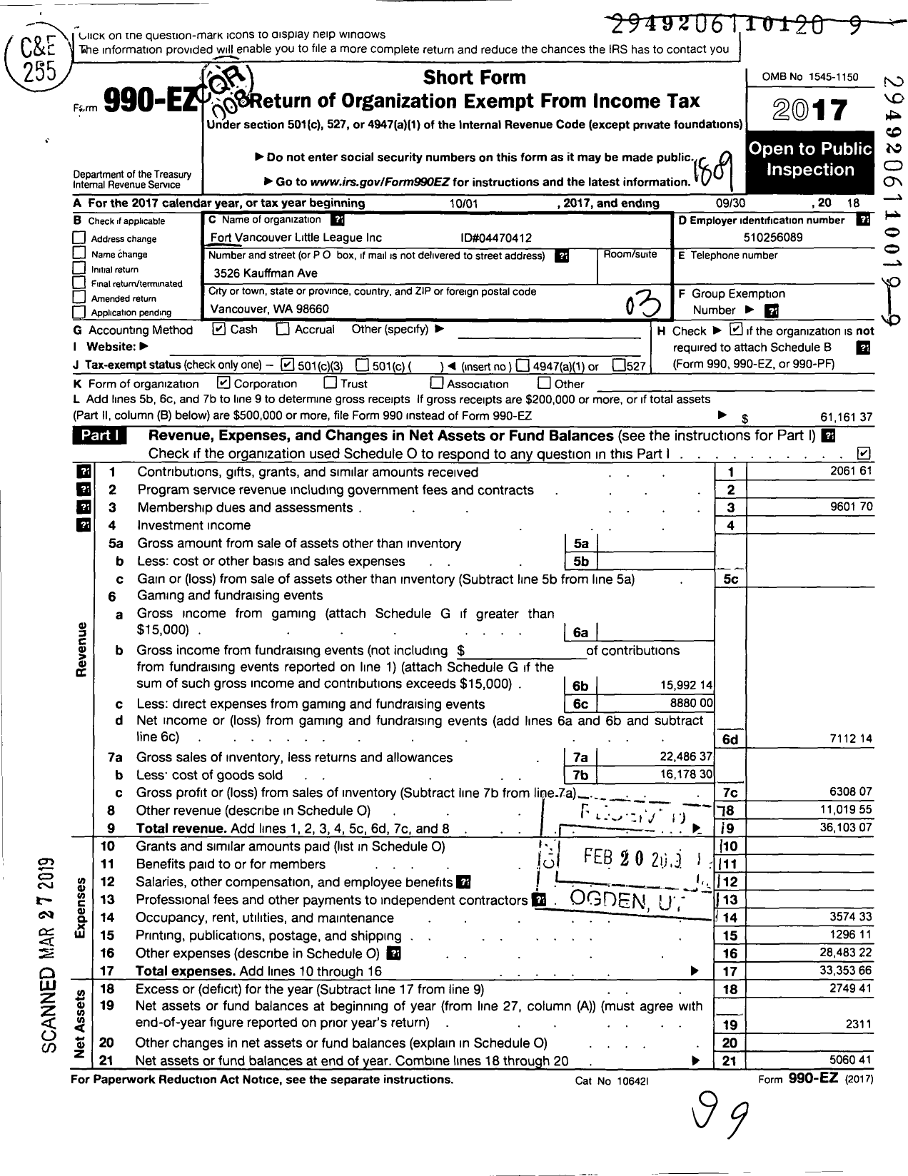 Image of first page of 2017 Form 990EZ for Little League Baseball