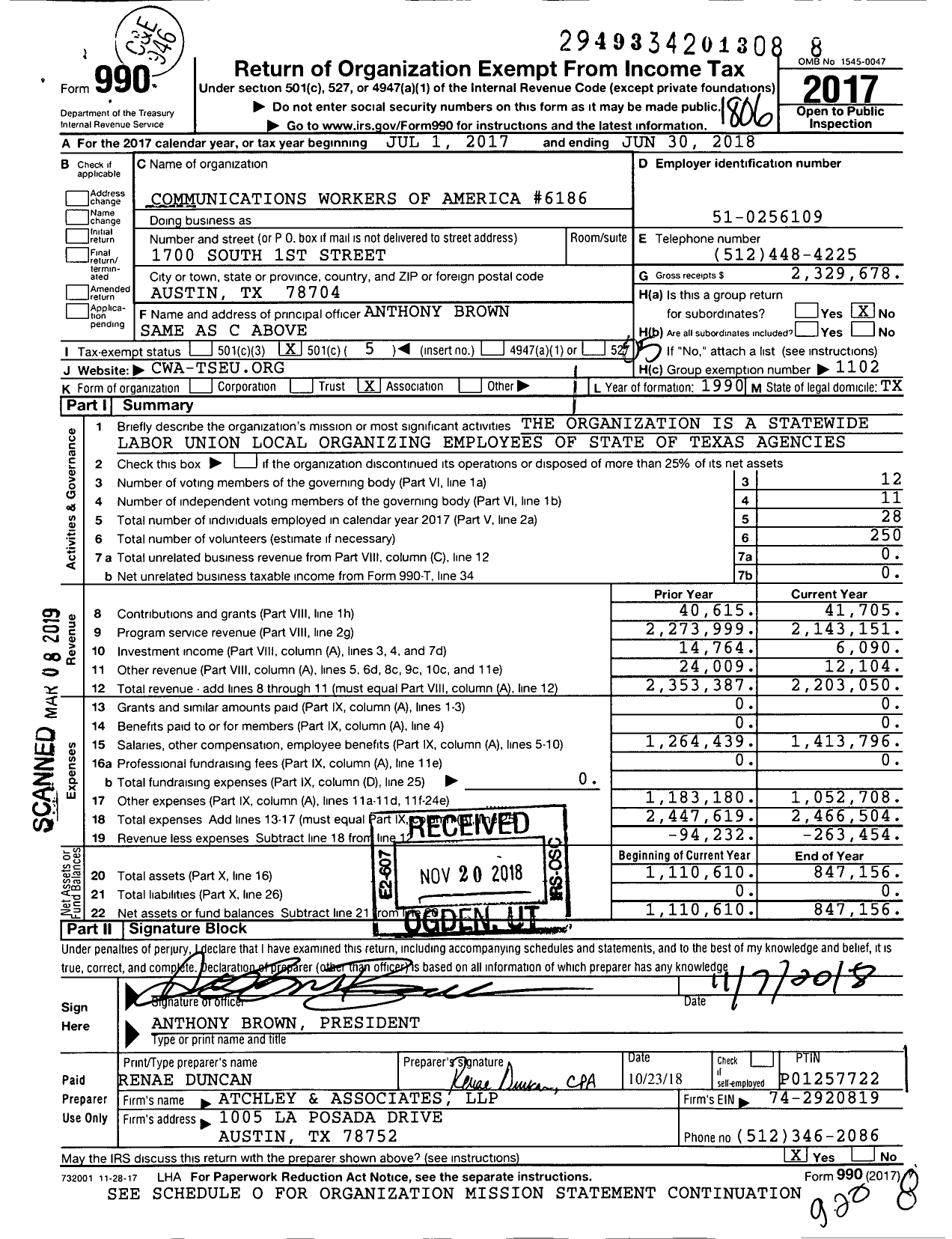 Image of first page of 2017 Form 990O for Communications Workers of America - 6186 Local