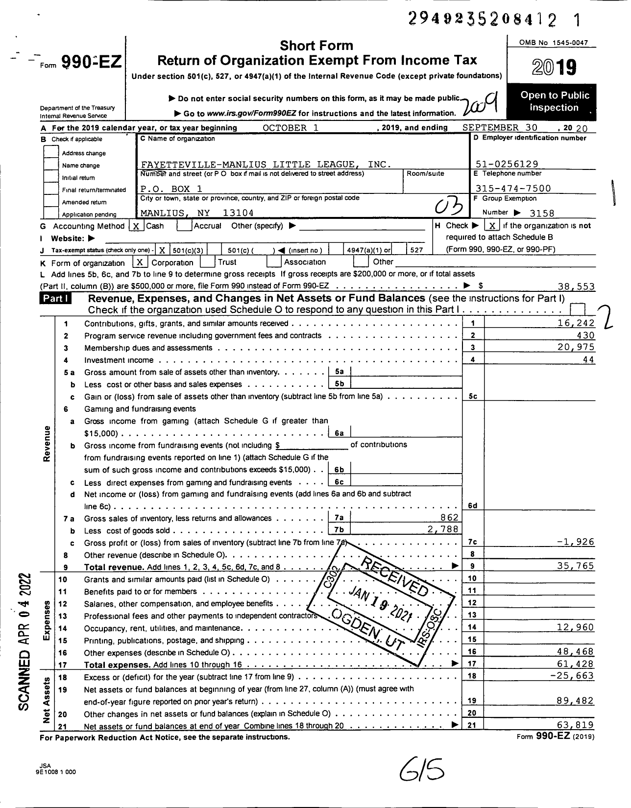 Image of first page of 2019 Form 990EZ for Little League Baseball - 2320807 Fayetteville Manlius LL