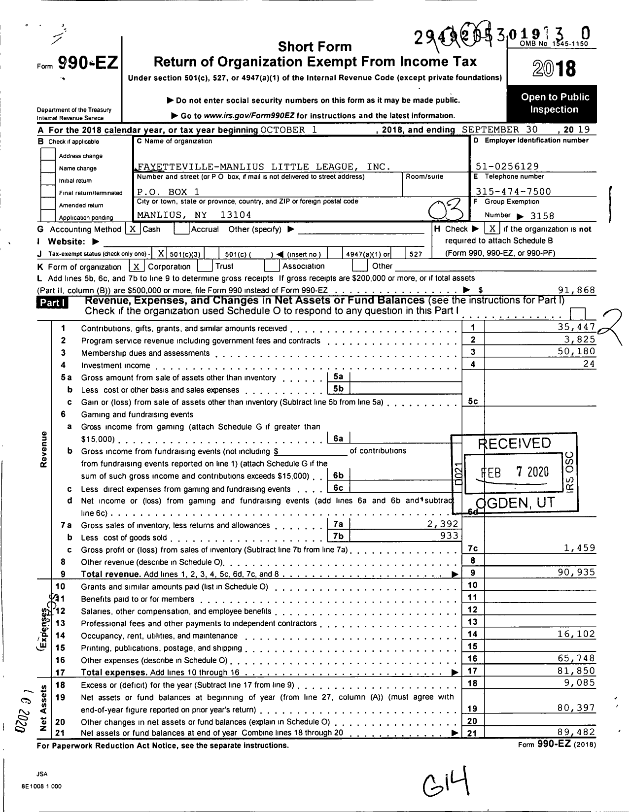 Image of first page of 2018 Form 990EZ for Little League Baseball - 2320807 Fayetteville Manlius LL