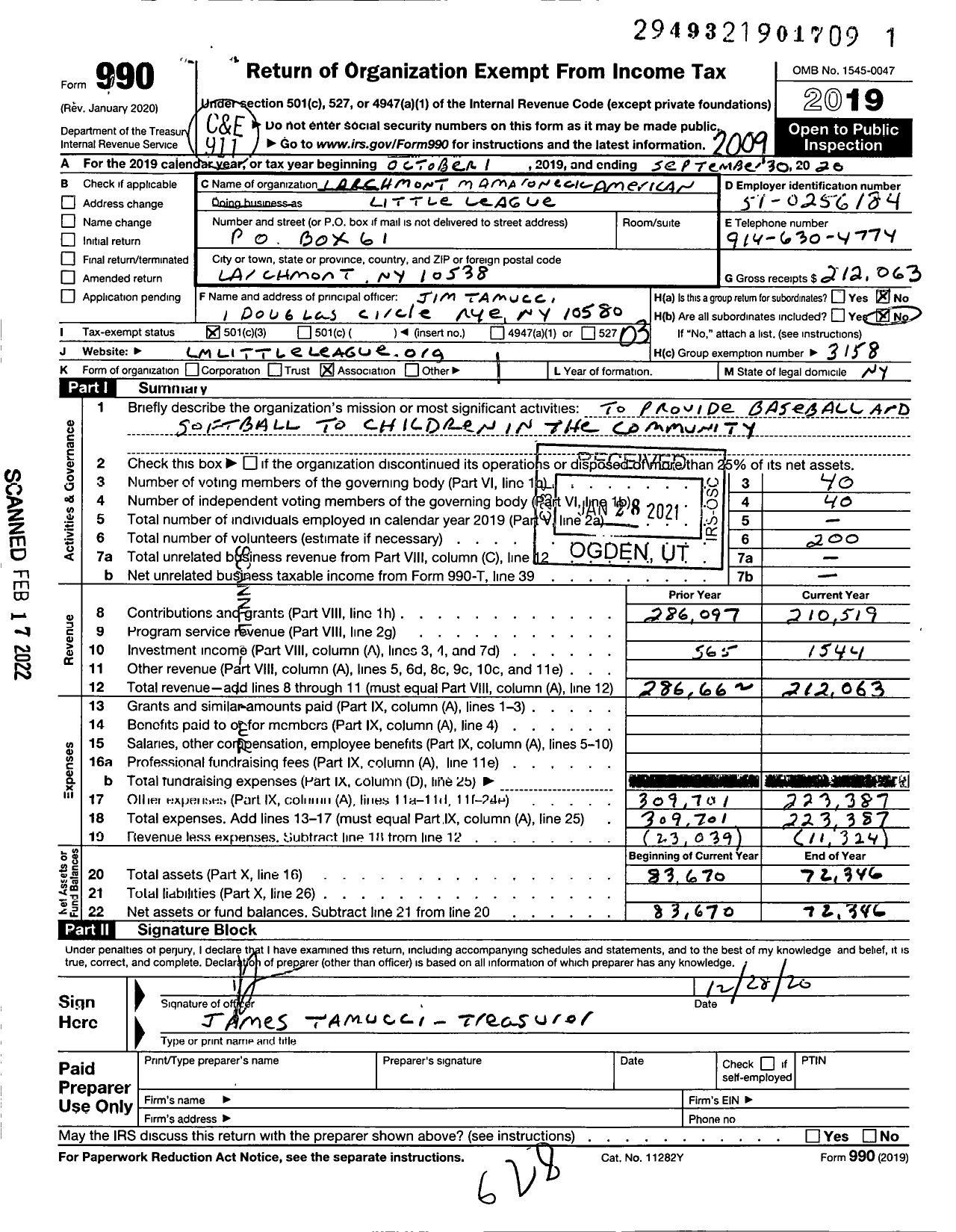 Image of first page of 2019 Form 990 for Little League Baseball - 2322011 Larchmont-Mamaroneck Am LL