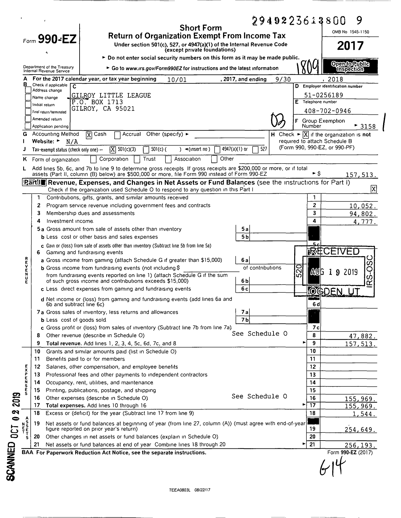 Image of first page of 2017 Form 990EZ for Gilroy Little League