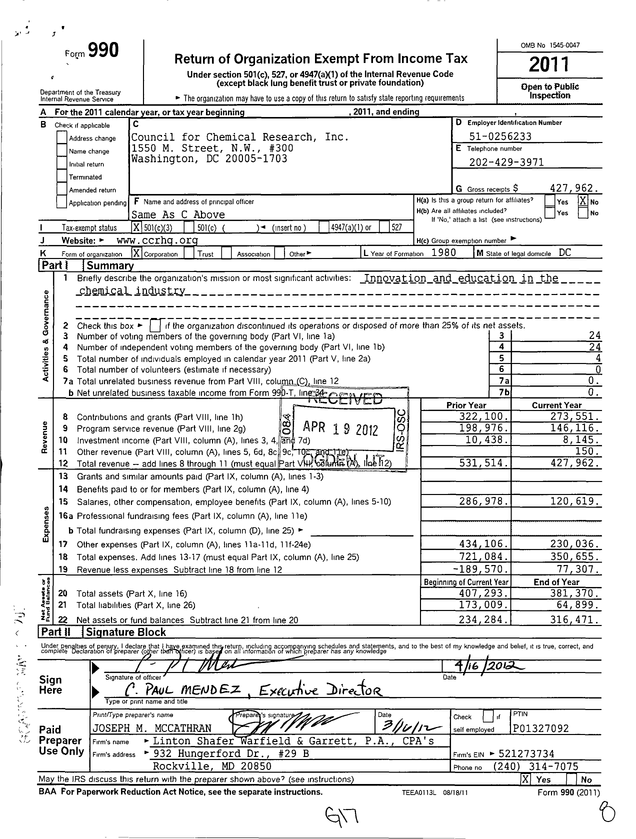 Image of first page of 2011 Form 990 for Council for Chemical Research