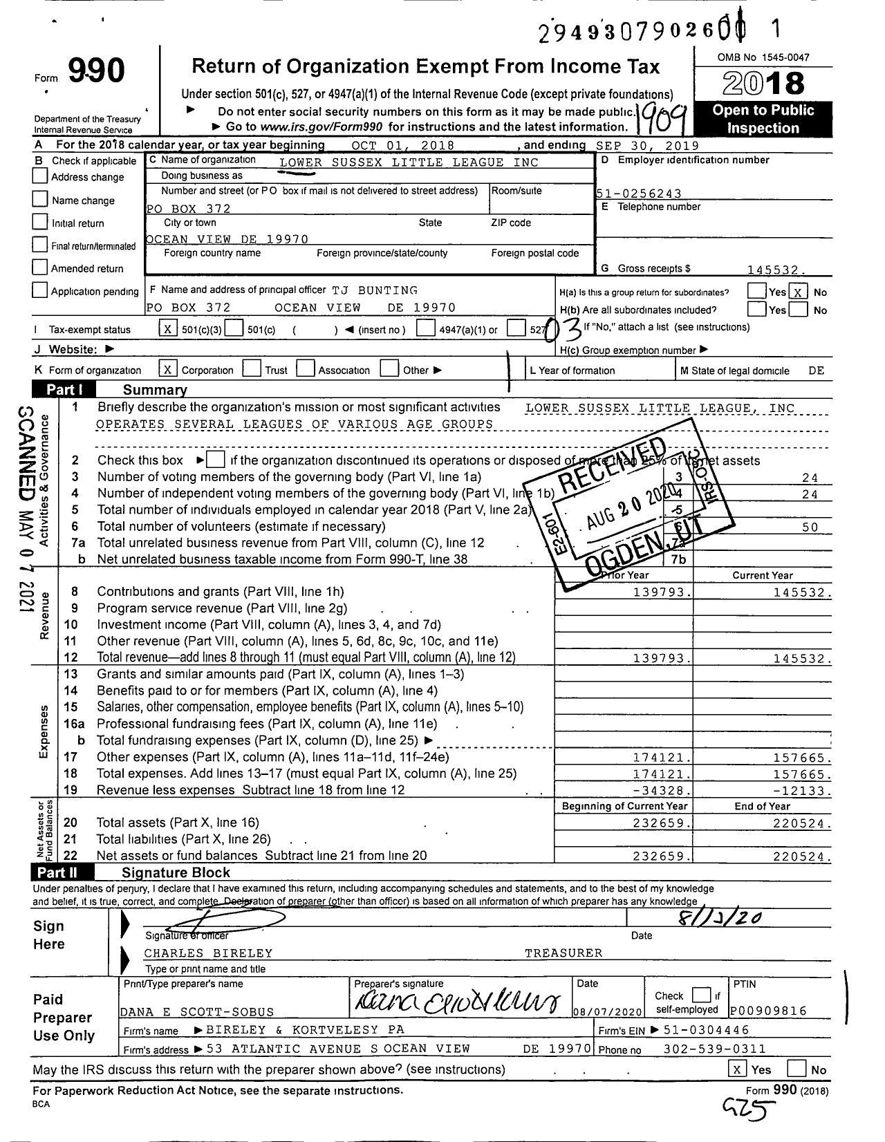 Image of first page of 2018 Form 990 for Little League Baseball - 2080304 Lower Sussex LL