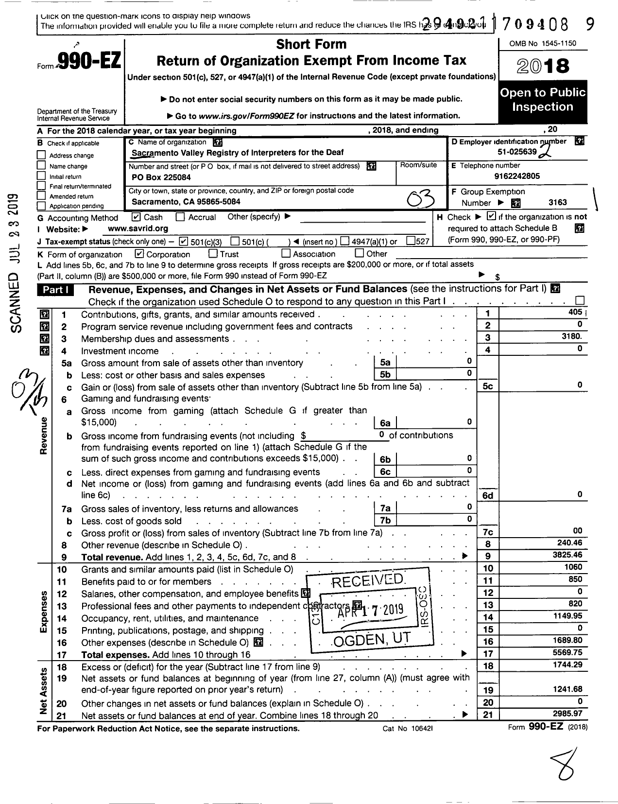 Image of first page of 2018 Form 990EZ for Sacramento Valley Registry of Interpreters for the Deaf