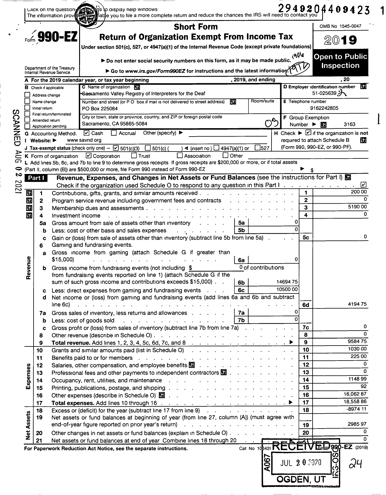 Image of first page of 2018 Form 990EZ for Sacramento Valley Registry of Interpreters for the Deaf